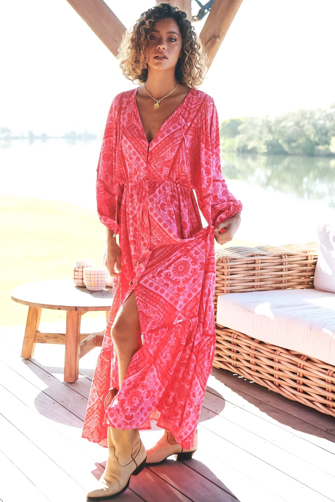 JAASE - Catalonia Maxi Dress: Batwing Sleeve Button Down Smock Dress in Amore Print - Image 4