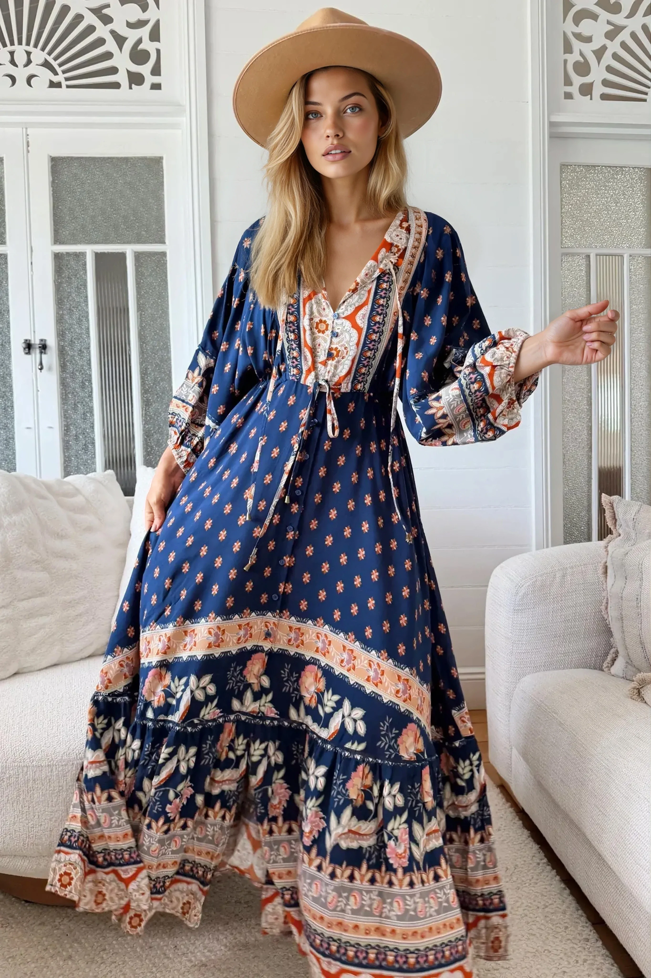JAASE - Catalonia Maxi Dress: Batwing Sleeve Button Down Smock Dress in Asha Print