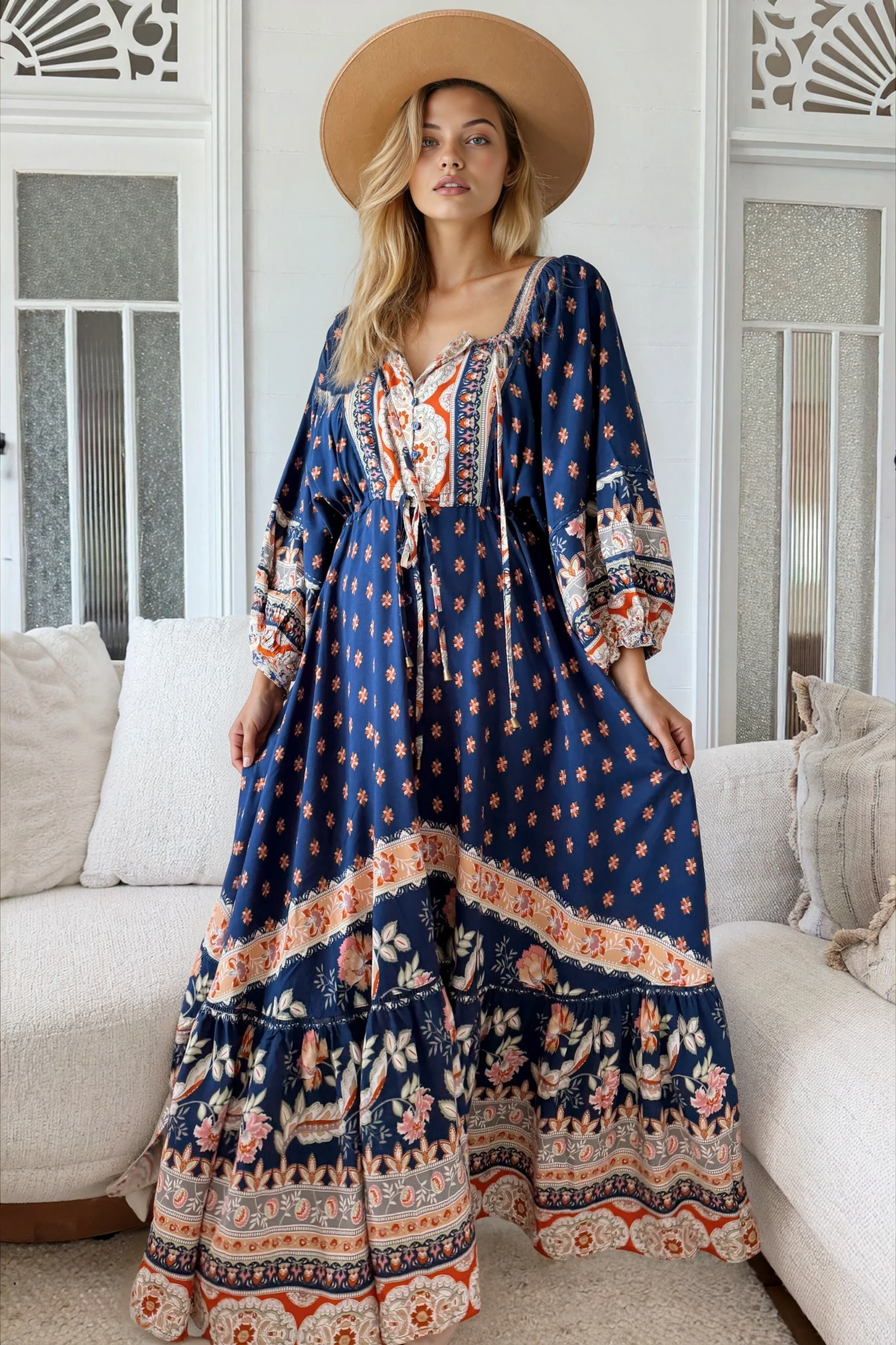 JAASE - Catalonia Maxi Dress: Batwing Sleeve Button Down Smock Dress in Asha Print - Image 2