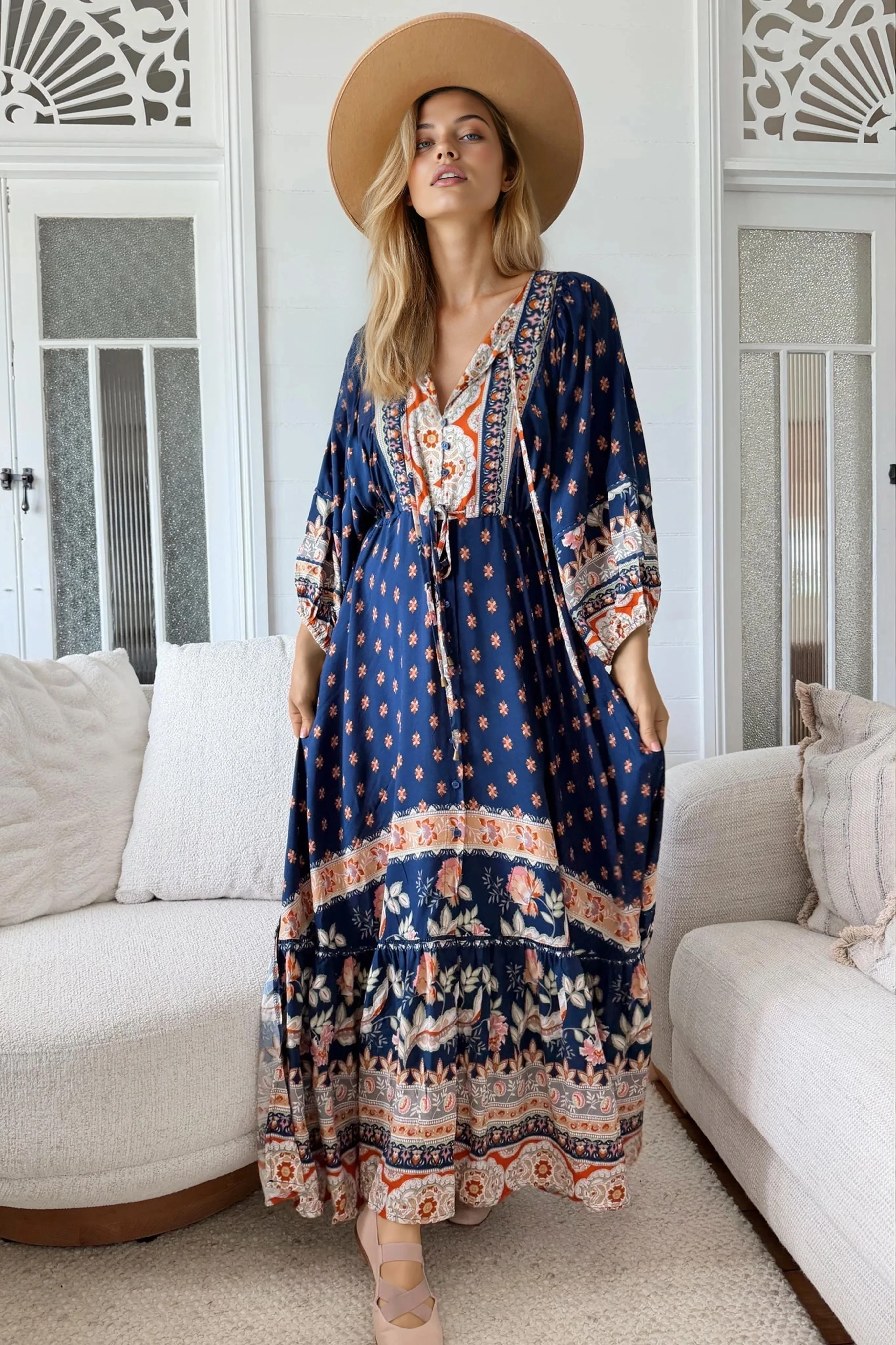 JAASE - Catalonia Maxi Dress: Batwing Sleeve Button Down Smock Dress in Asha Print - Image 3
