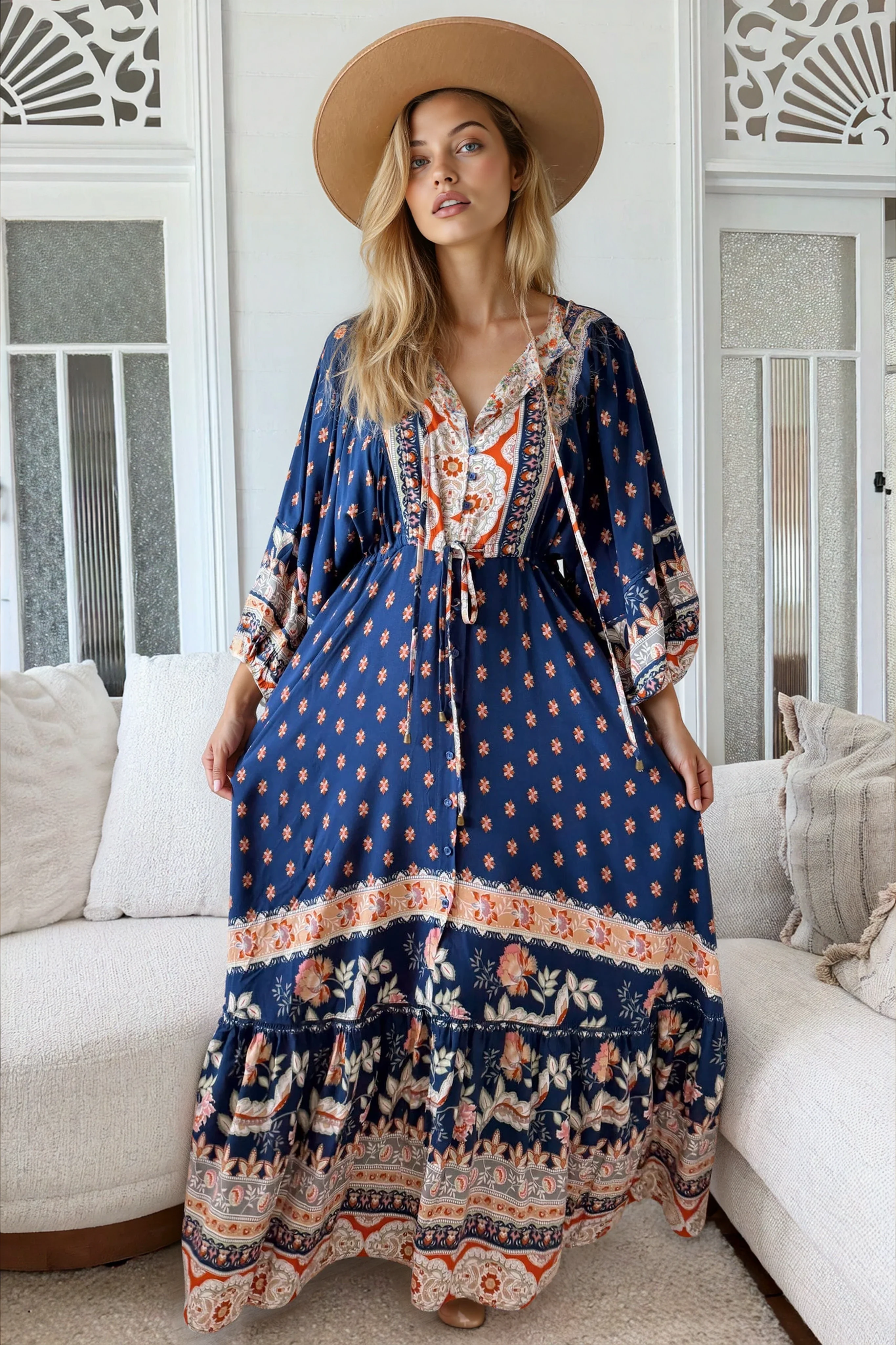 JAASE - Catalonia Maxi Dress: Batwing Sleeve Button Down Smock Dress in Asha Print - Image 4