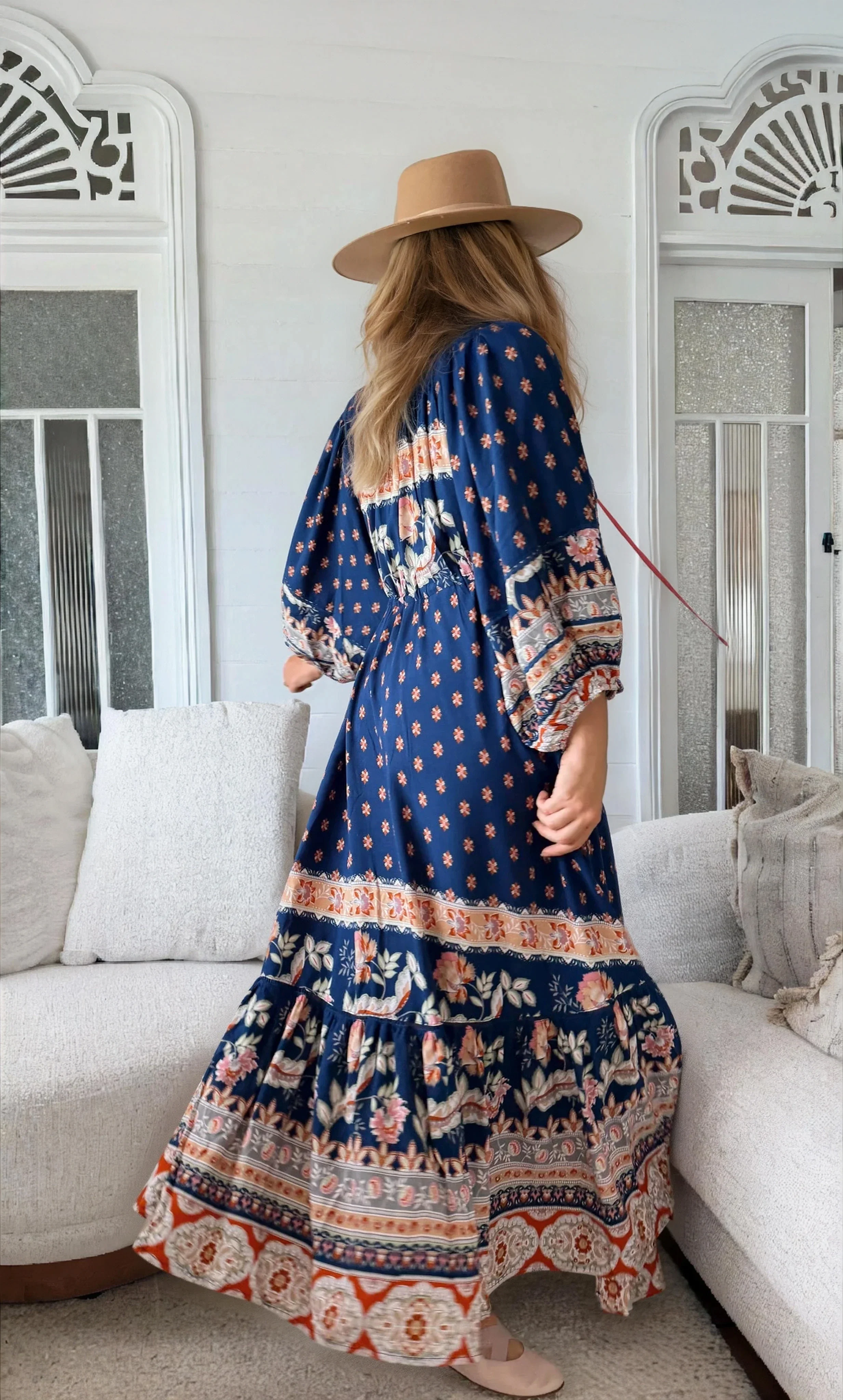JAASE - Catalonia Maxi Dress: Batwing Sleeve Button Down Smock Dress in Asha Print - Image 5