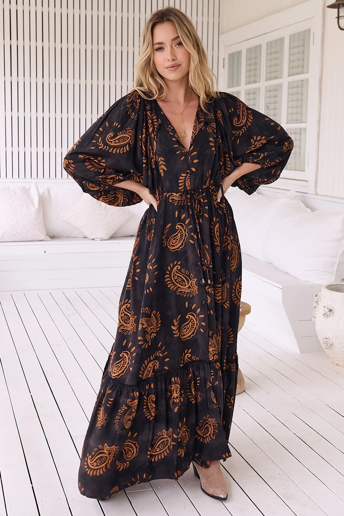 JAASE - Catalonia Maxi Dress: Batwing Sleeve Button Down Smock Dress in Milan Print - Image 3