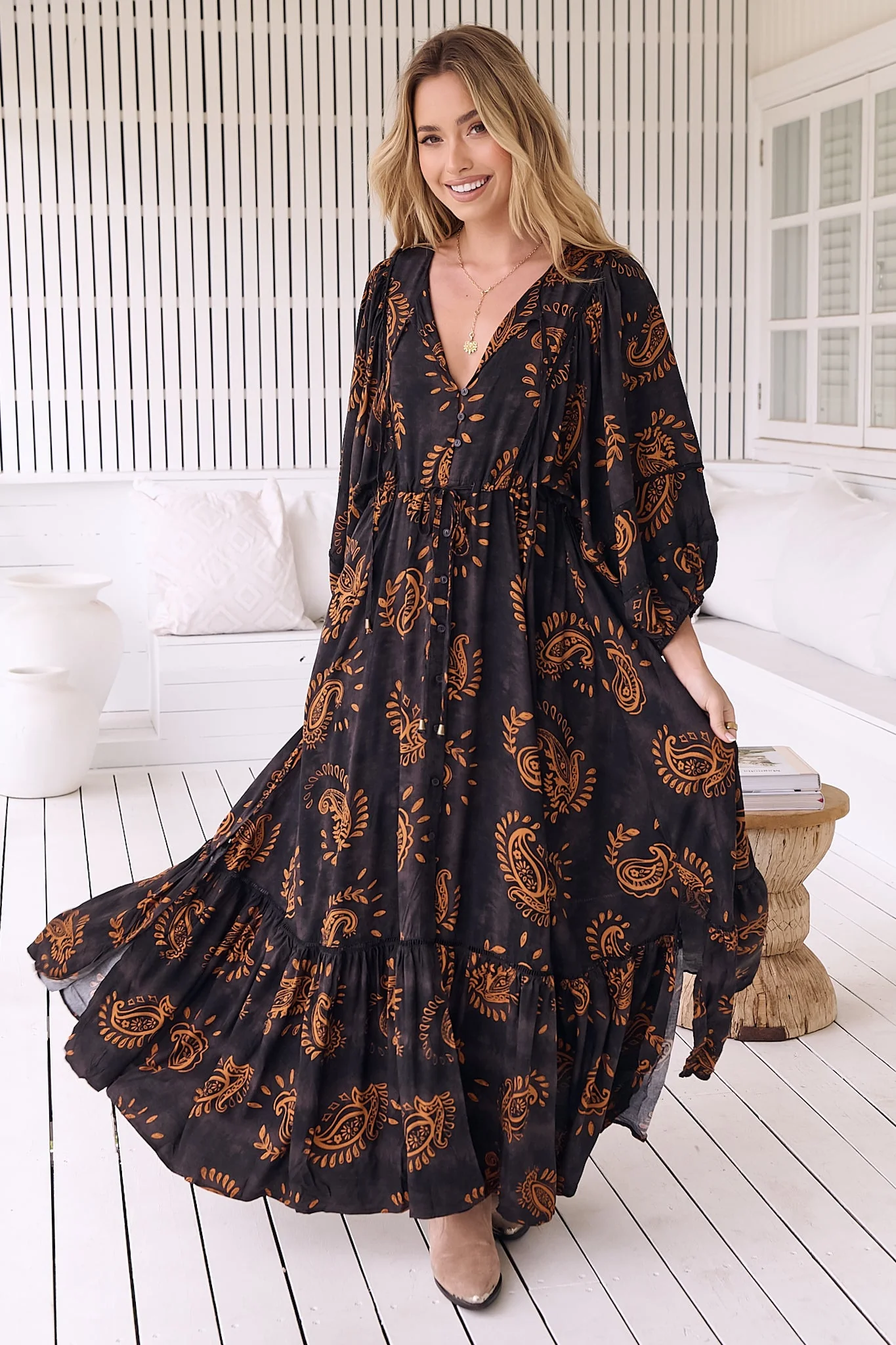 JAASE - Catalonia Maxi Dress: Batwing Sleeve Button Down Smock Dress in Milan Print - Image 4
