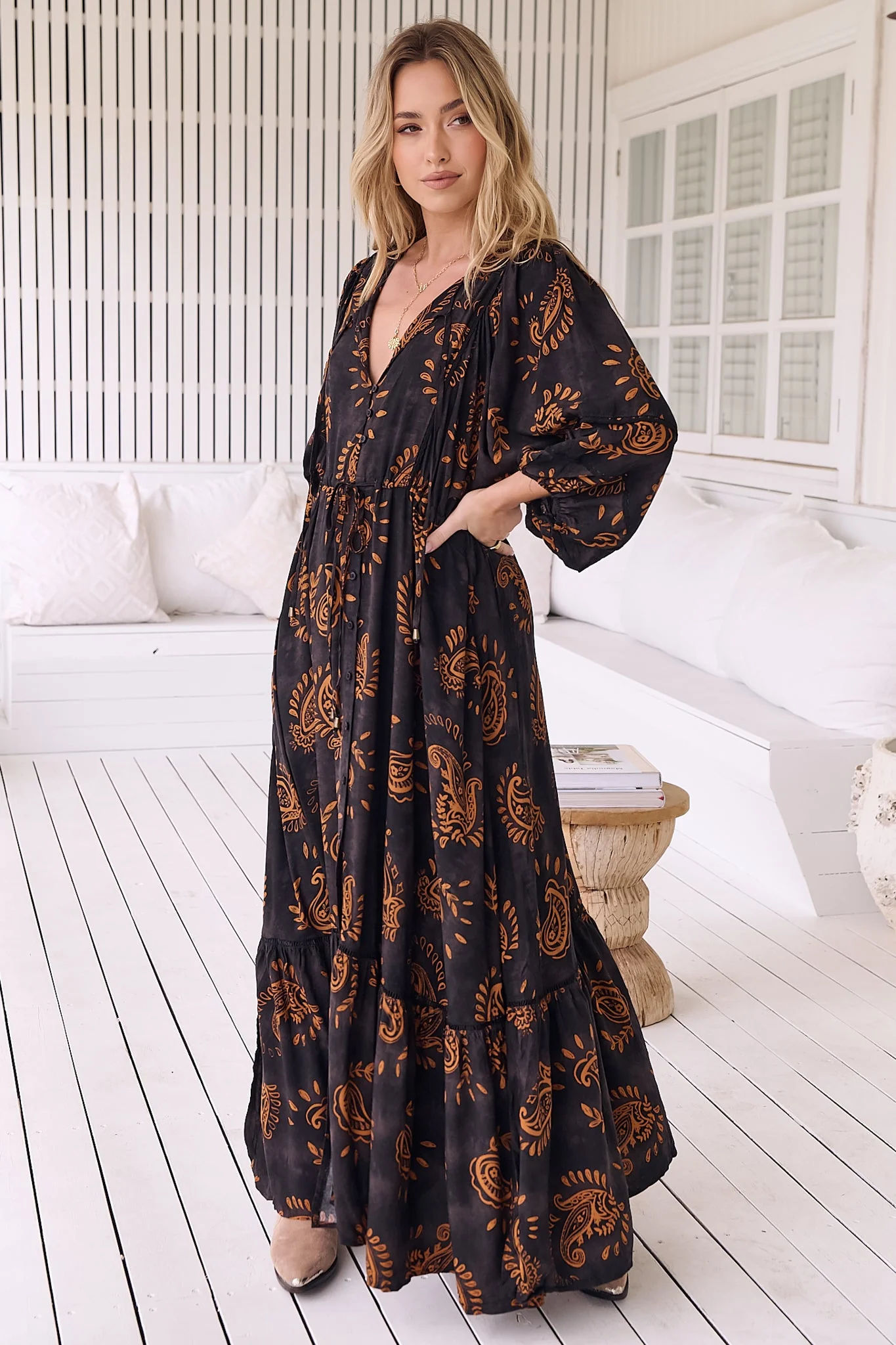 JAASE - Catalonia Maxi Dress: Batwing Sleeve Button Down Smock Dress in Milan Print - Image 5