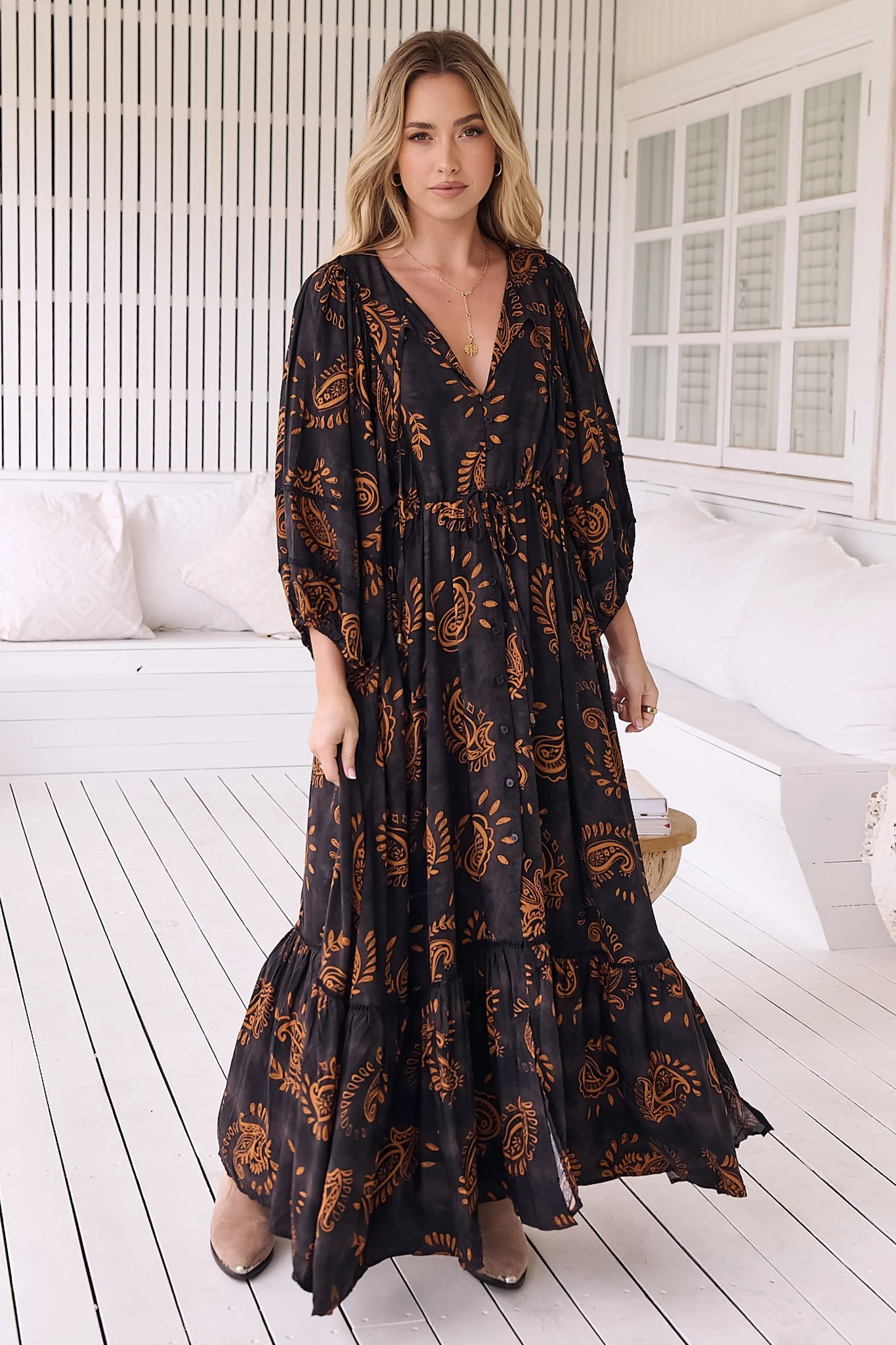 JAASE - Catalonia Maxi Dress: Batwing Sleeve Button Down Smock Dress in Milan Print - Image 6