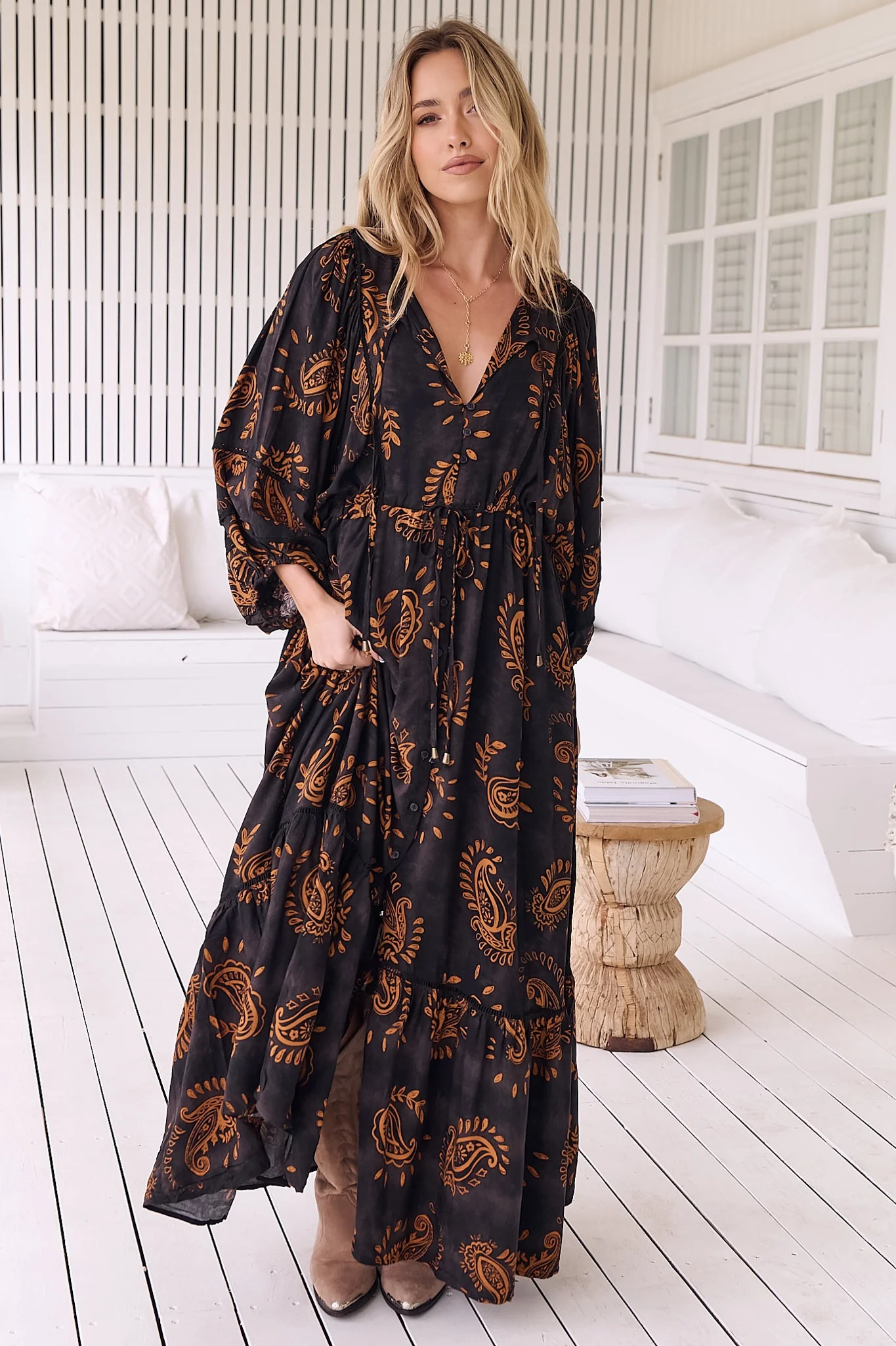 JAASE - Catalonia Maxi Dress: Batwing Sleeve Button Down Smock Dress in Milan Print - Image 7