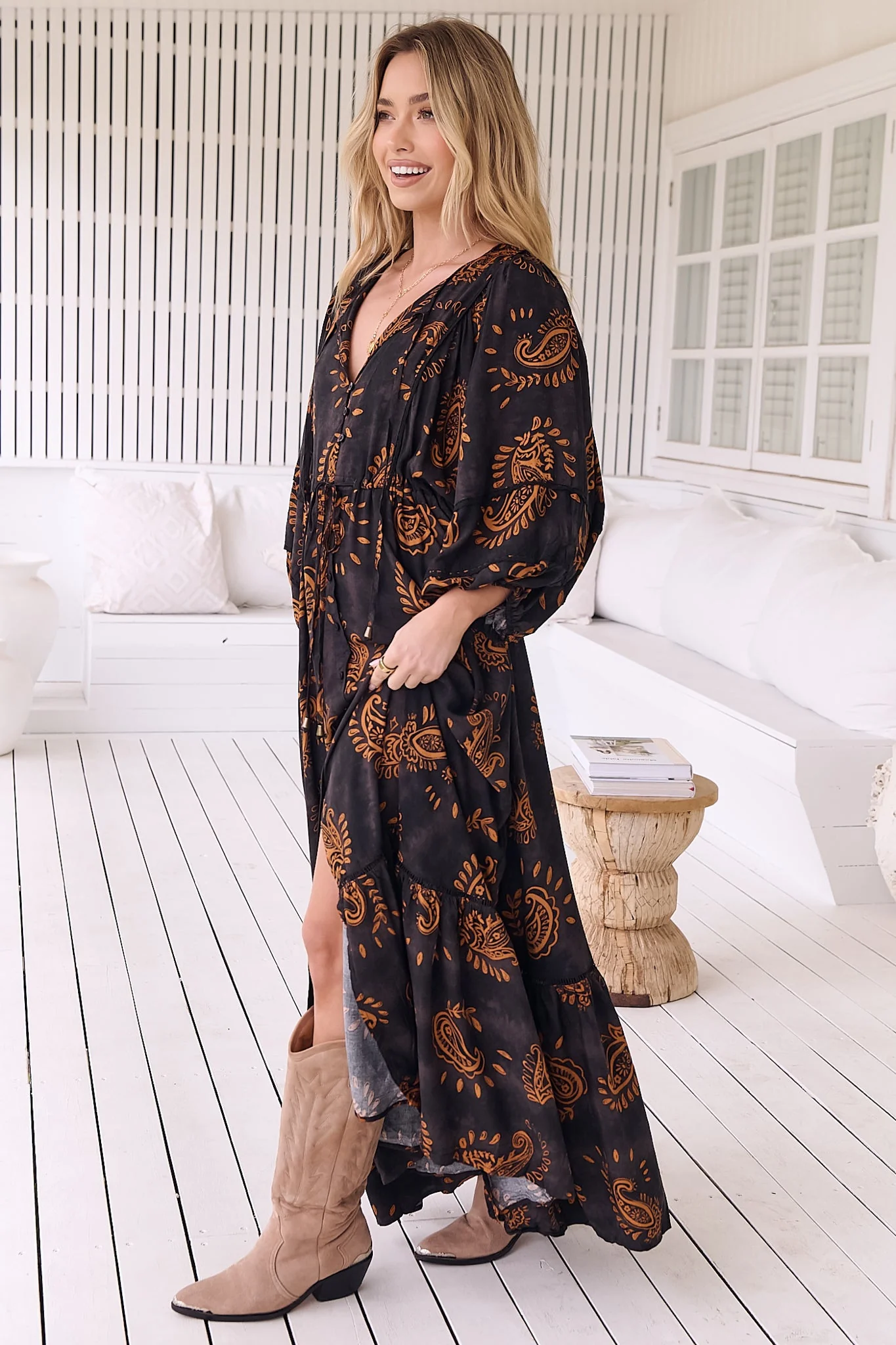 JAASE - Catalonia Maxi Dress: Batwing Sleeve Button Down Smock Dress in Milan Print - Image 8