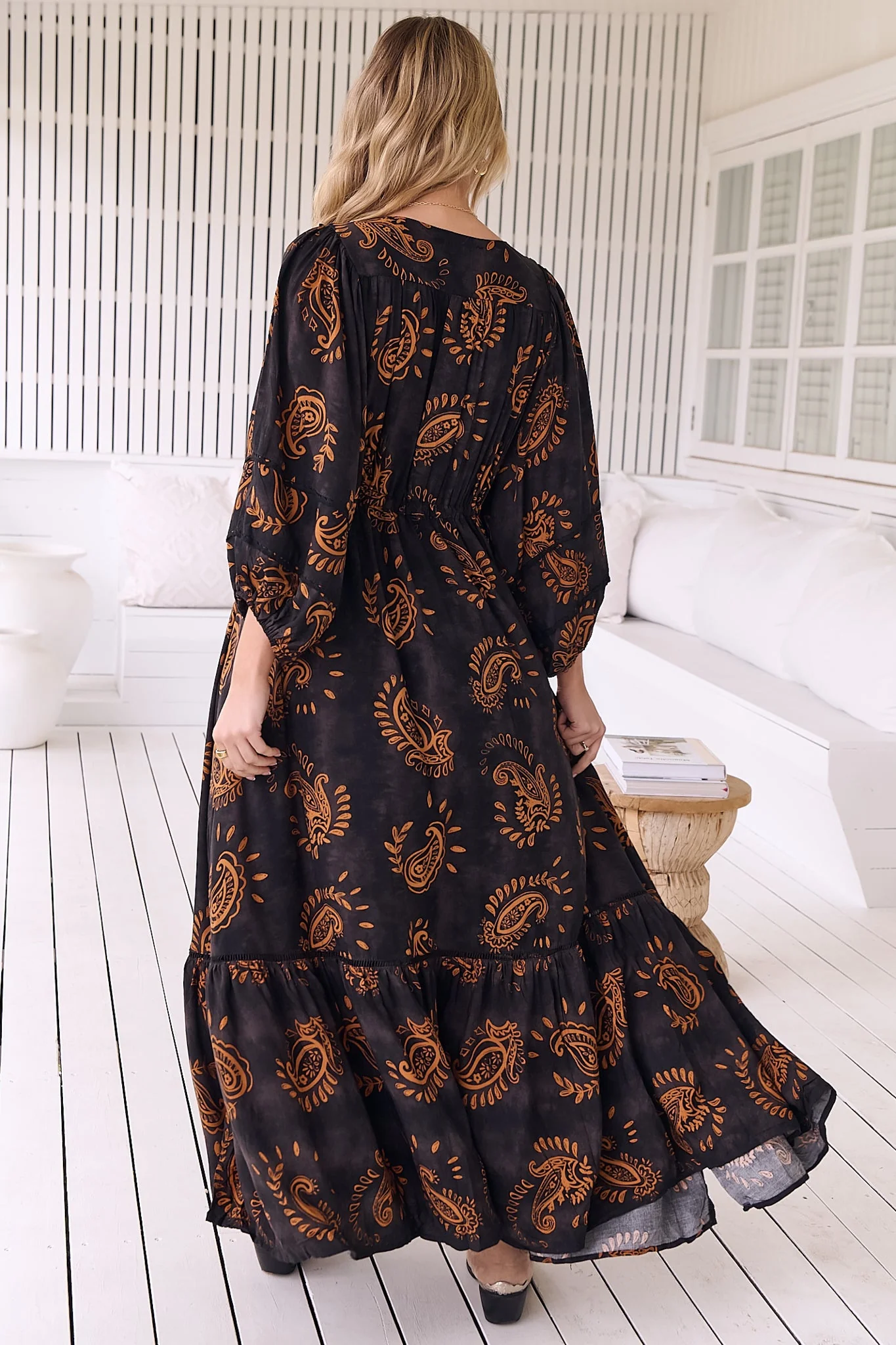 JAASE - Catalonia Maxi Dress: Batwing Sleeve Button Down Smock Dress in Milan Print - Image 9