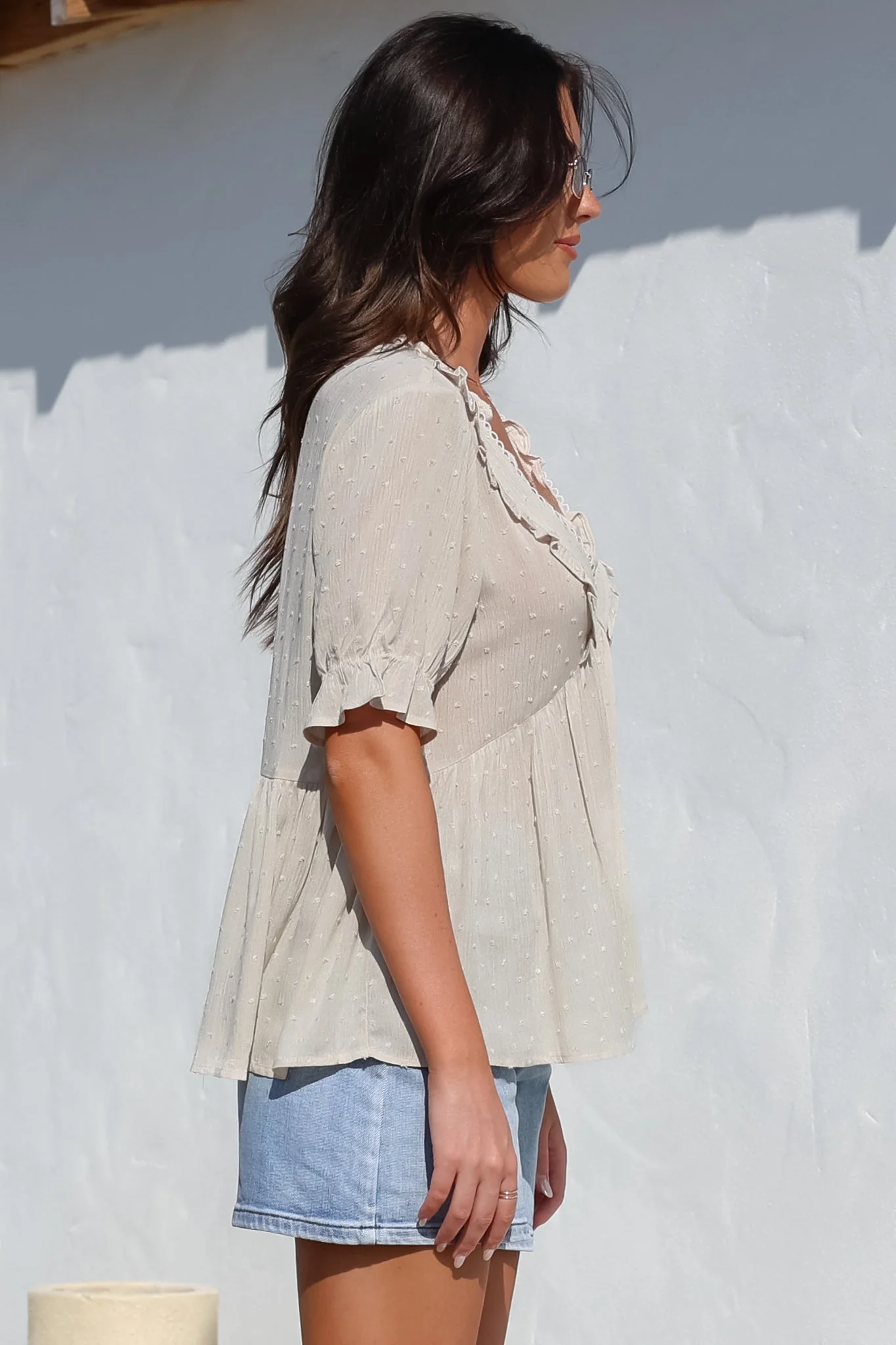 Catha Top - Frill Neckline Empire Bustline Top with Short Balloon Sleeves in Beige - Image 10
