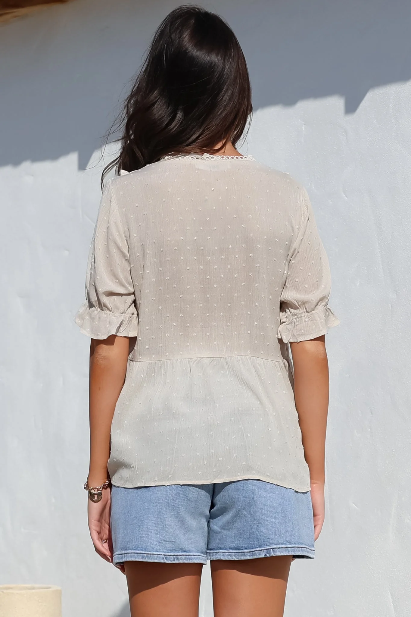 Catha Top - Frill Neckline Empire Bustline Top with Short Balloon Sleeves in Beige - Image 11