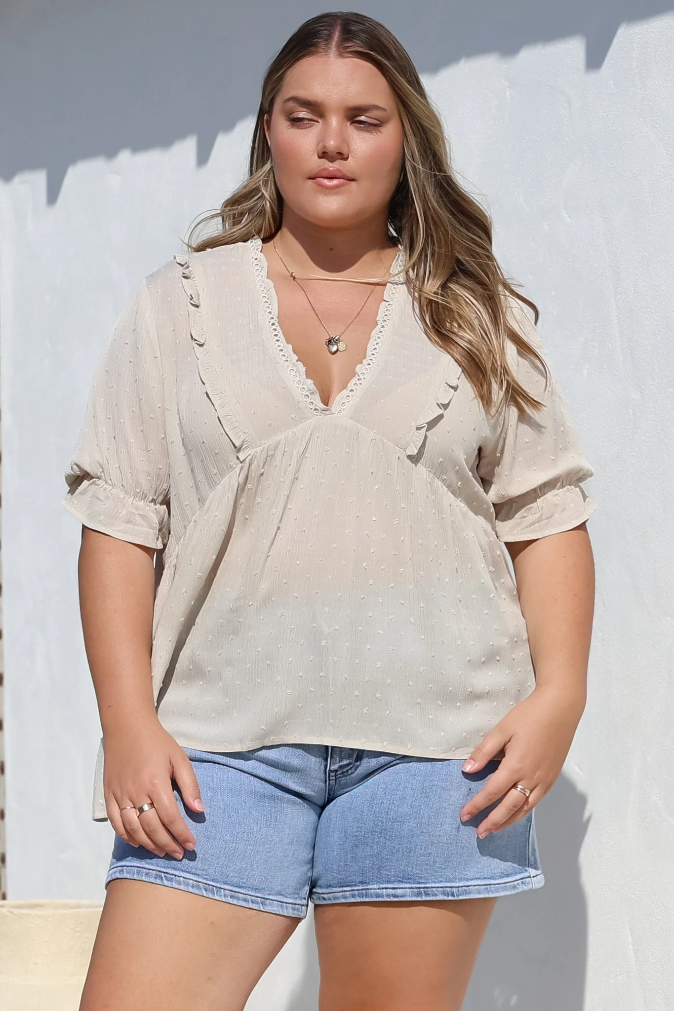 Catha Top - Frill Neckline Empire Bustline Top with Short Balloon Sleeves in Beige - Image 6