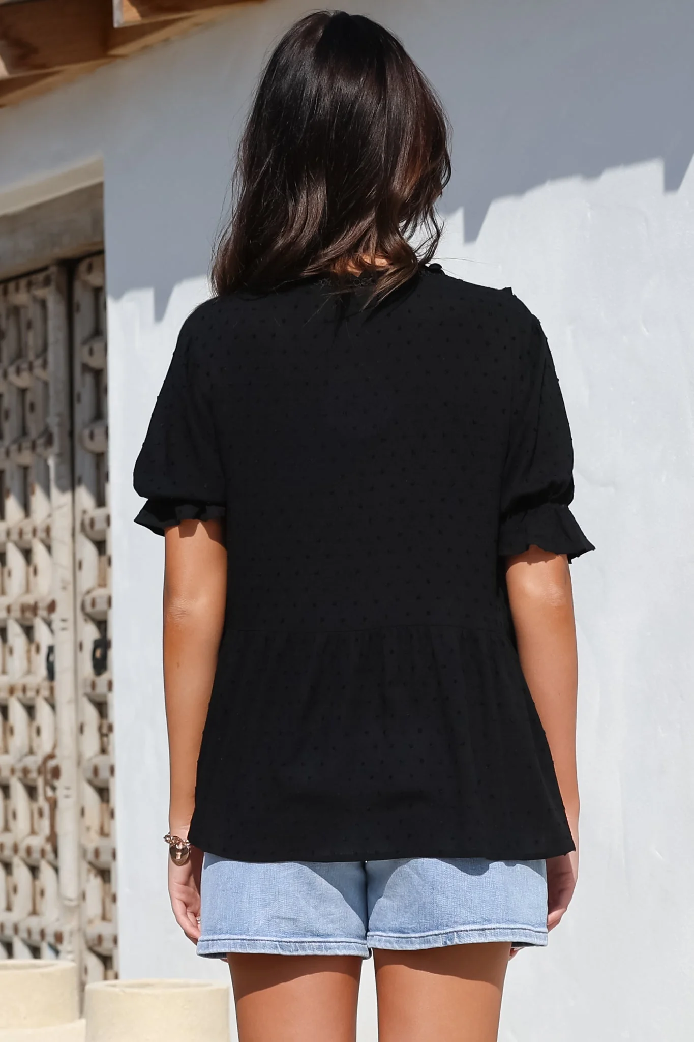 Catha Top - Frill Neckline Empire Bustline Top with Short Balloon Sleeves in Black - Image 12