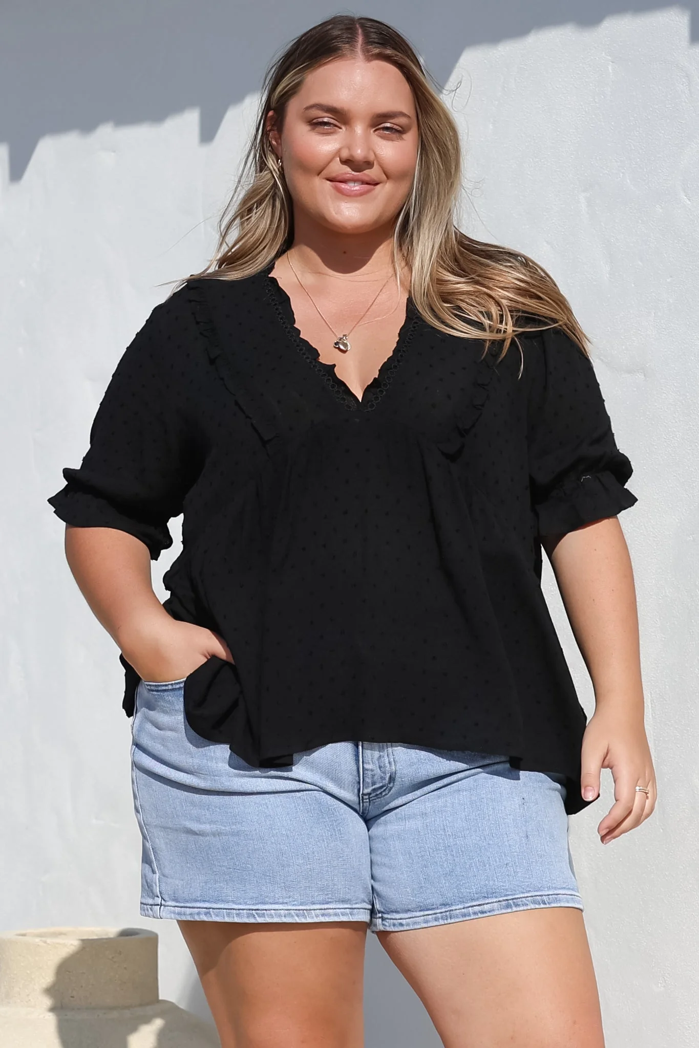 Catha Top - Frill Neckline Empire Bustline Top with Short Balloon Sleeves in Black - Image 2