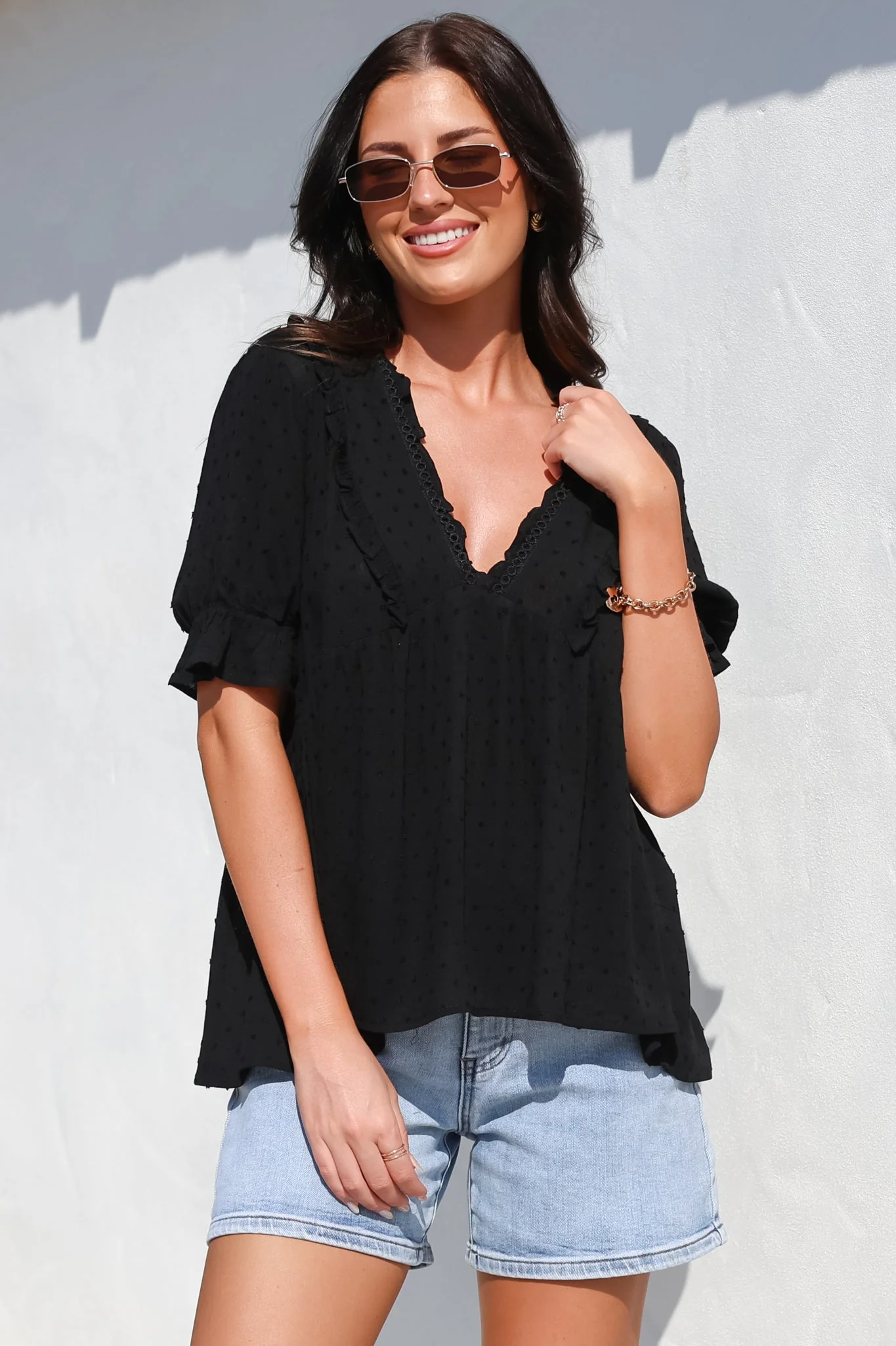 Catha Top - Frill Neckline Empire Bustline Top with Short Balloon Sleeves in Black - Image 3