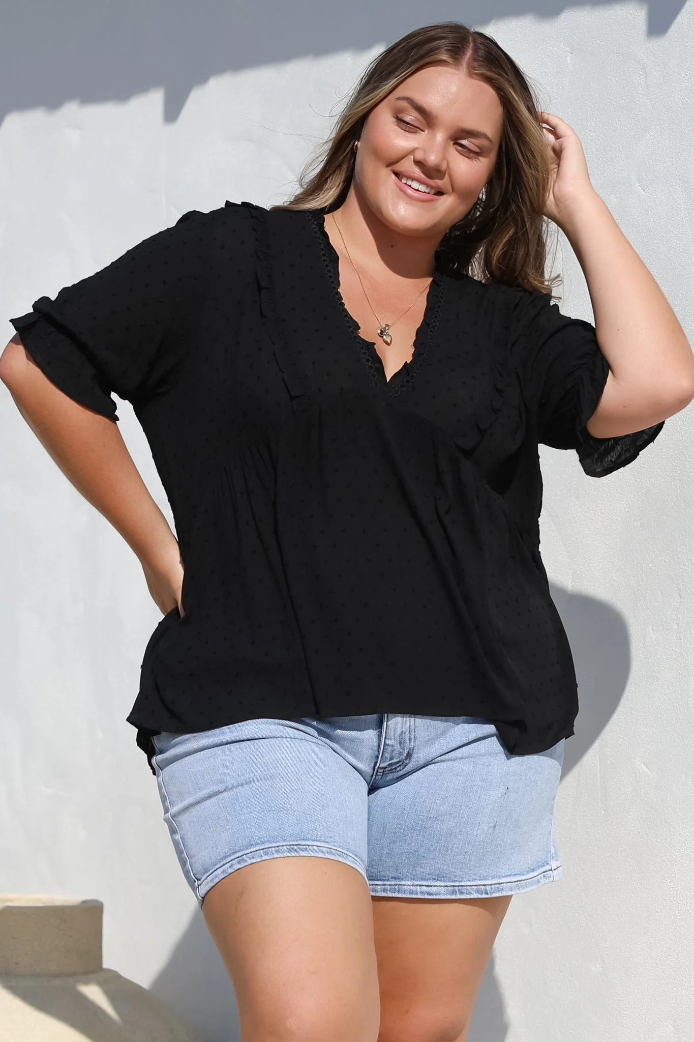 Catha Top - Frill Neckline Empire Bustline Top with Short Balloon Sleeves in Black - Image 4