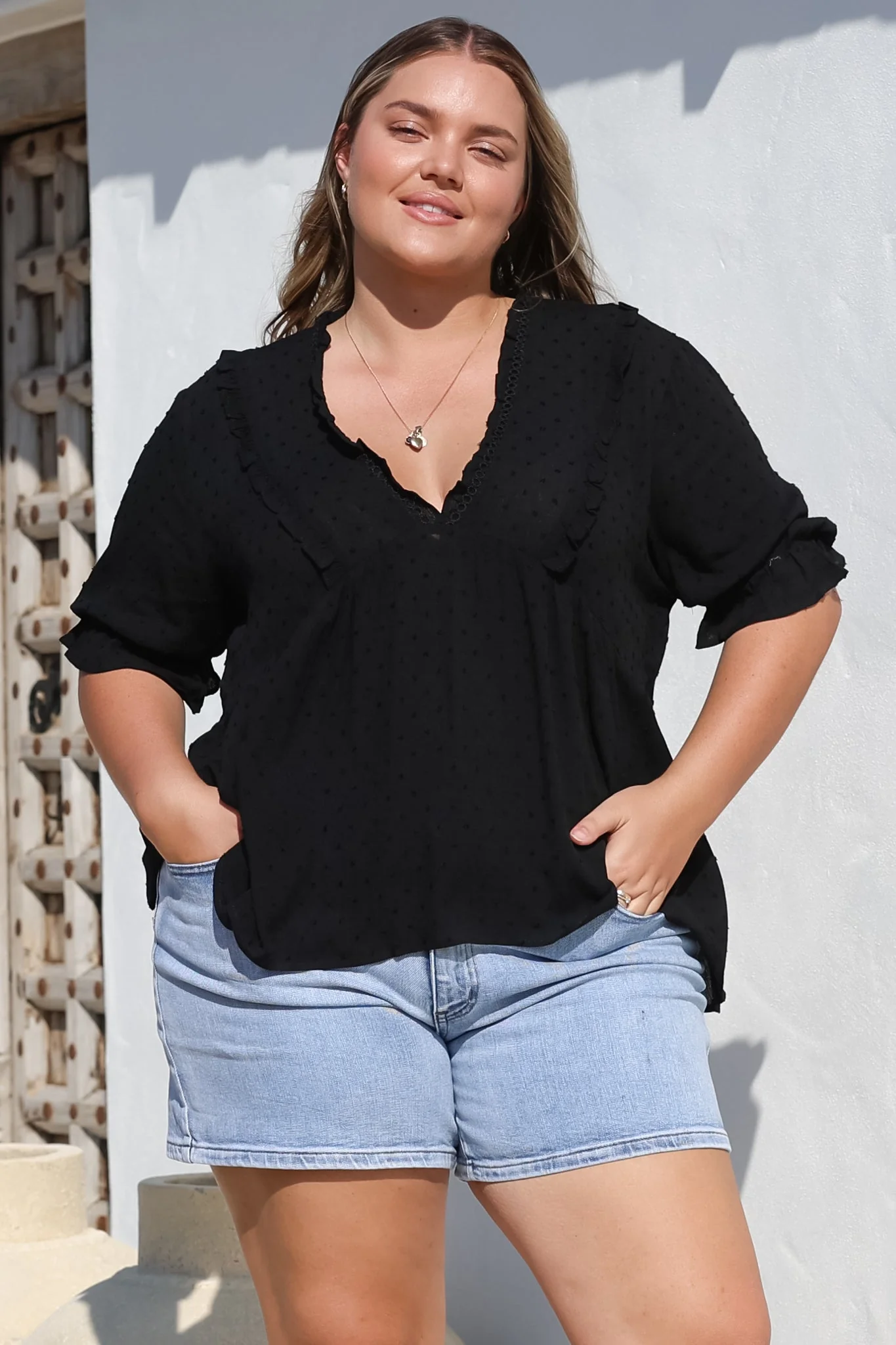 Catha Top - Frill Neckline Empire Bustline Top with Short Balloon Sleeves in Black - Image 6