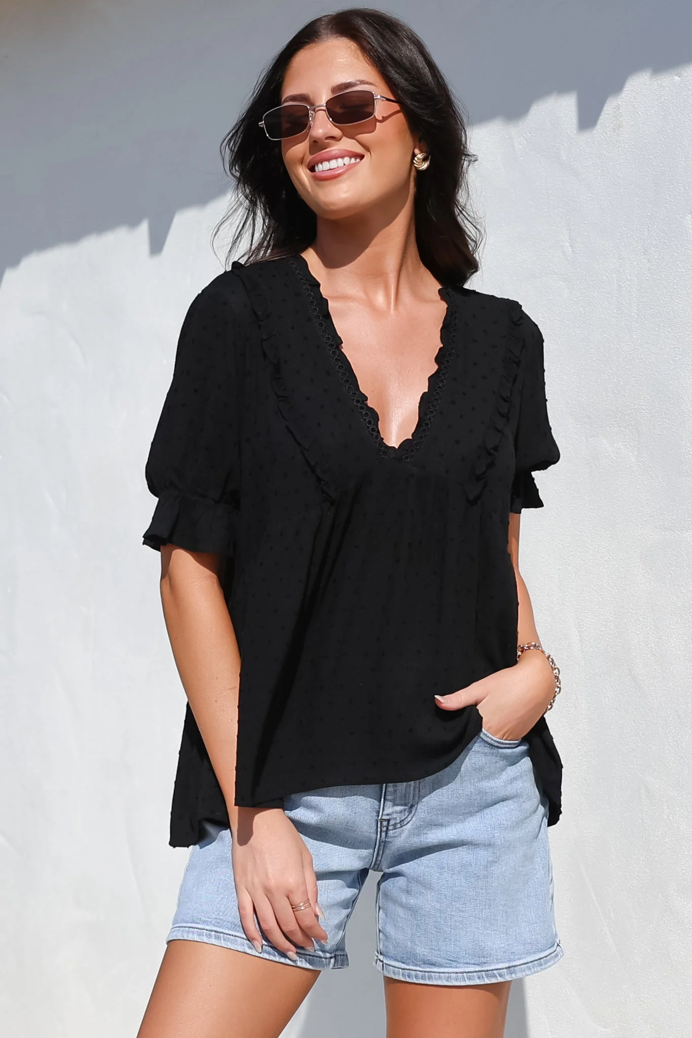 Catha Top - Frill Neckline Empire Bustline Top with Short Balloon Sleeves in Black - Image 7