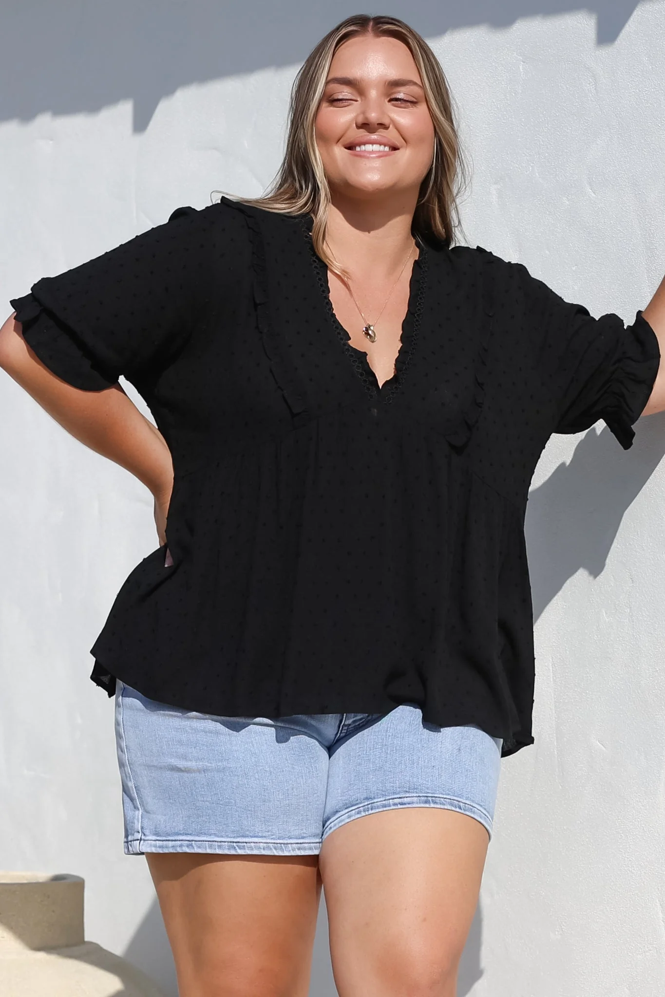 Catha Top - Frill Neckline Empire Bustline Top with Short Balloon Sleeves in Black - Image 8