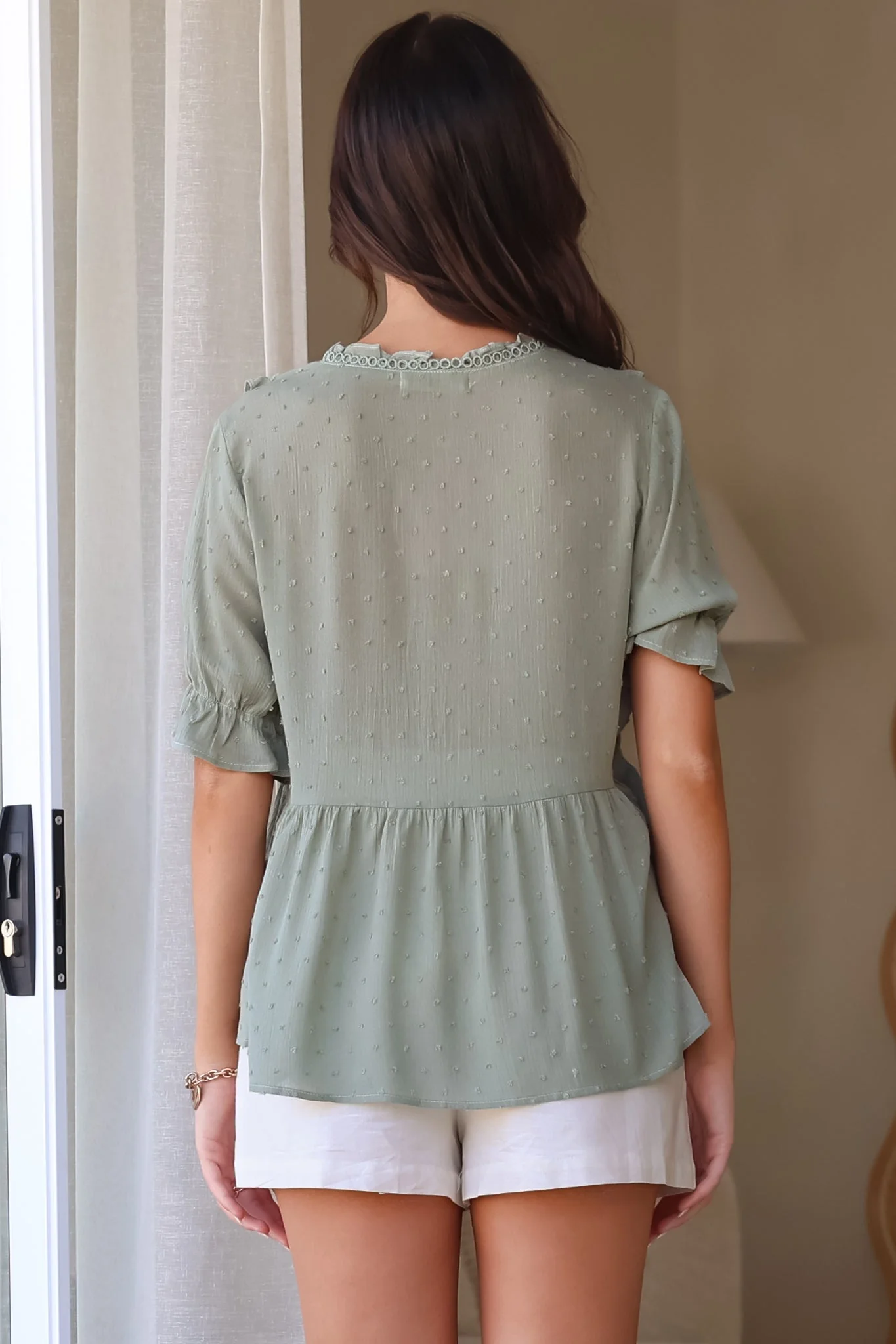 Catha Top - Frill Neckline Empire Bustline Top with Short Balloon Sleeves in Sage - Image 13