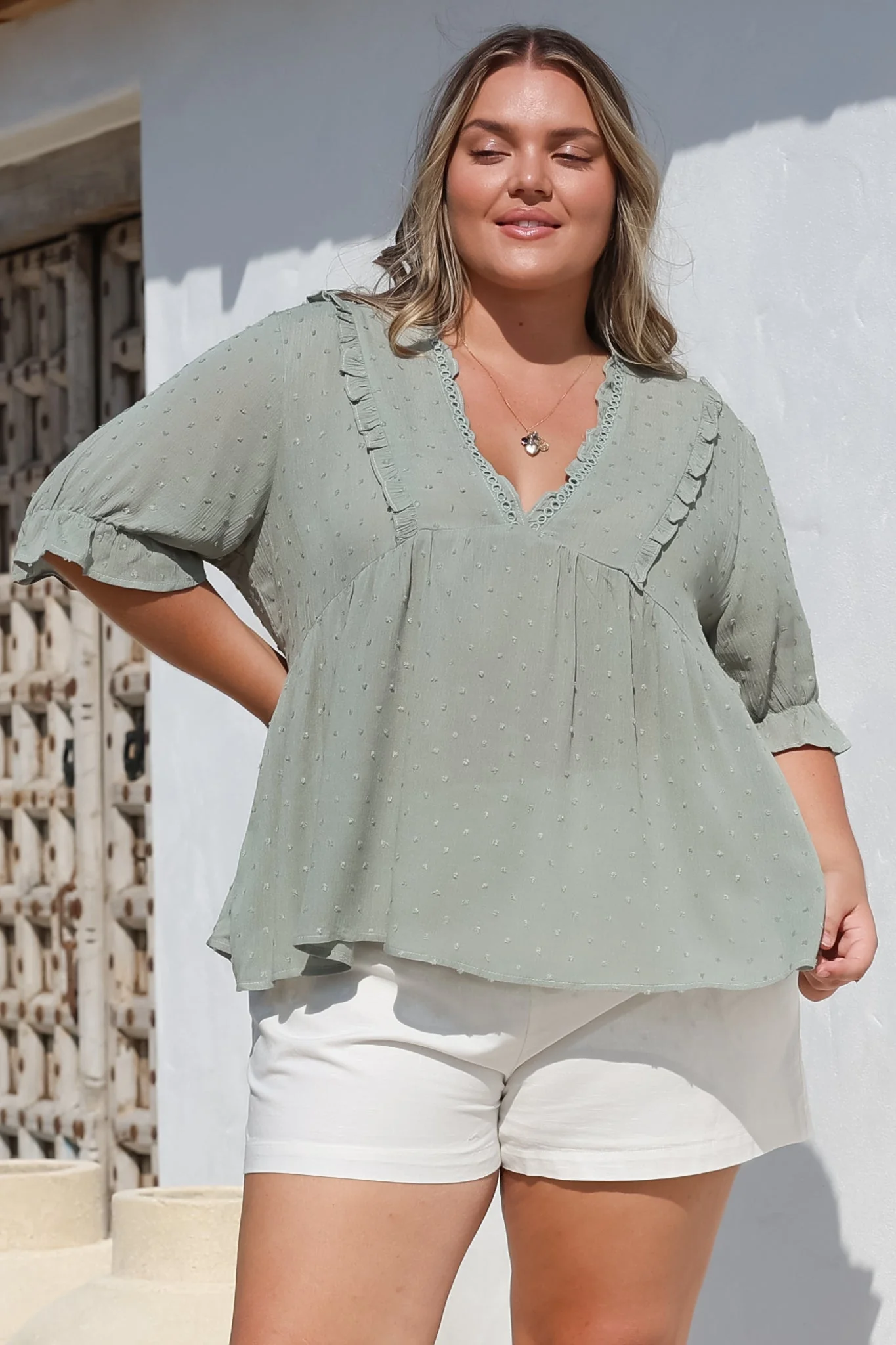 Catha Top - Frill Neckline Empire Bustline Top with Short Balloon Sleeves in Sage - Image 2