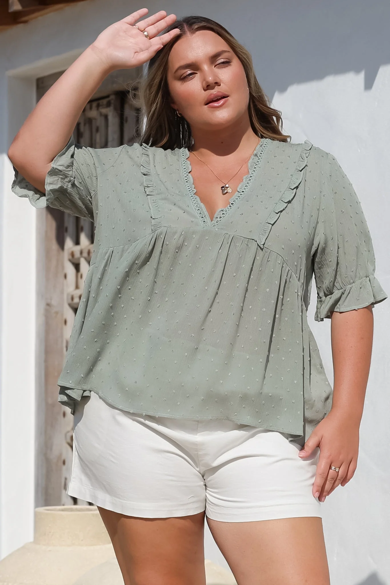 Catha Top - Frill Neckline Empire Bustline Top with Short Balloon Sleeves in Sage - Image 4