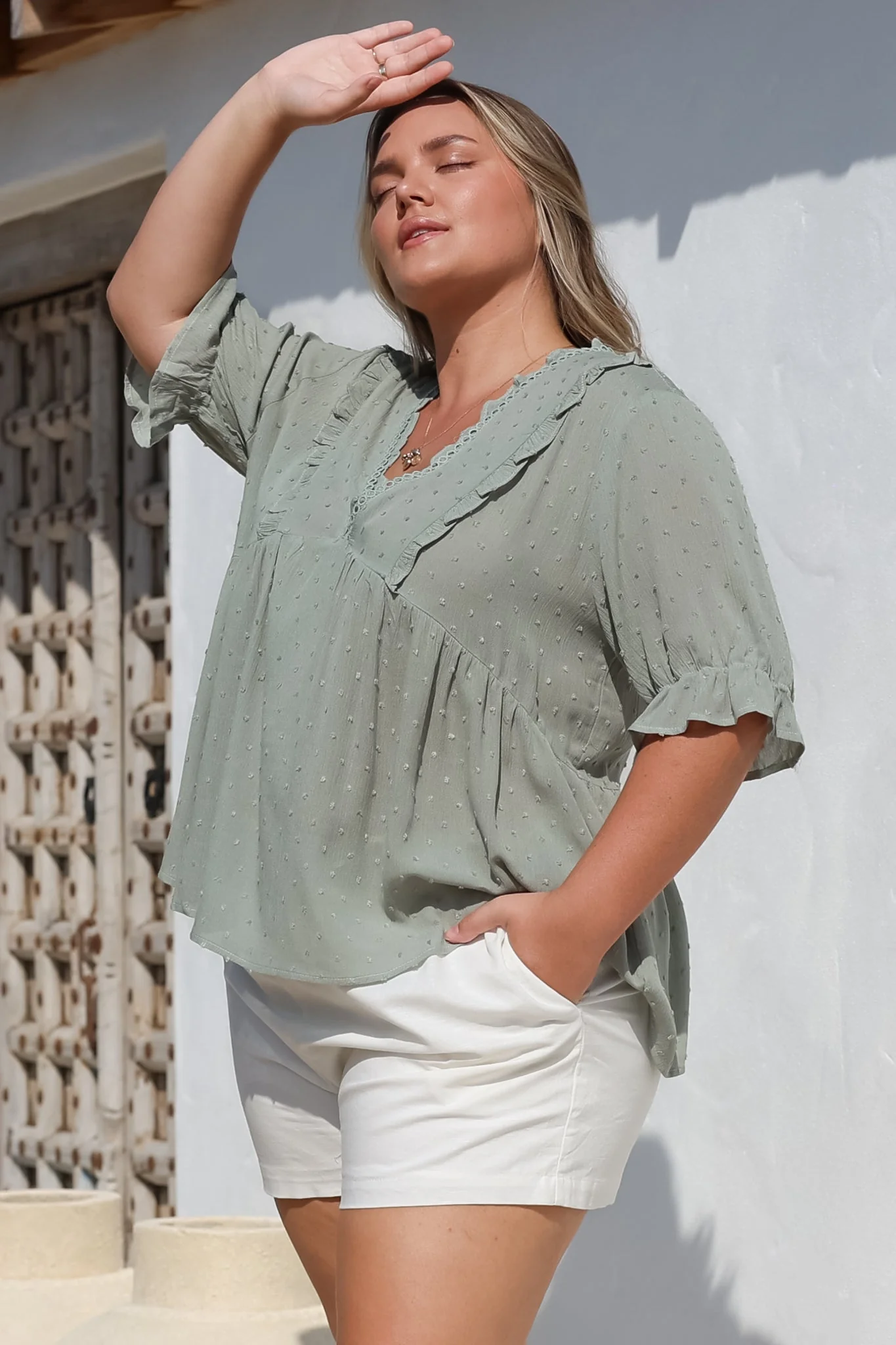 Catha Top - Frill Neckline Empire Bustline Top with Short Balloon Sleeves in Sage - Image 8