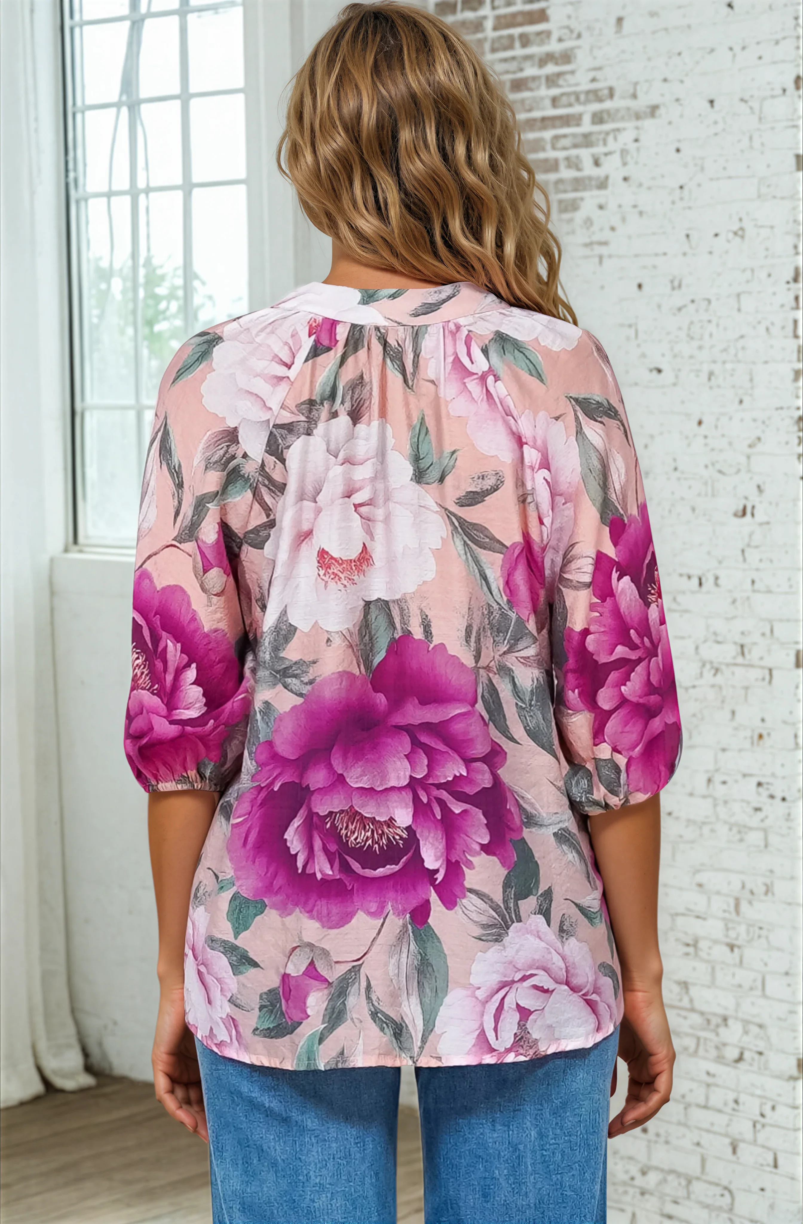 Cecilia Blouse - Mandarin Collar Button-Down with Half Balloon Sleeves in Tiana Print Pink - Image 10