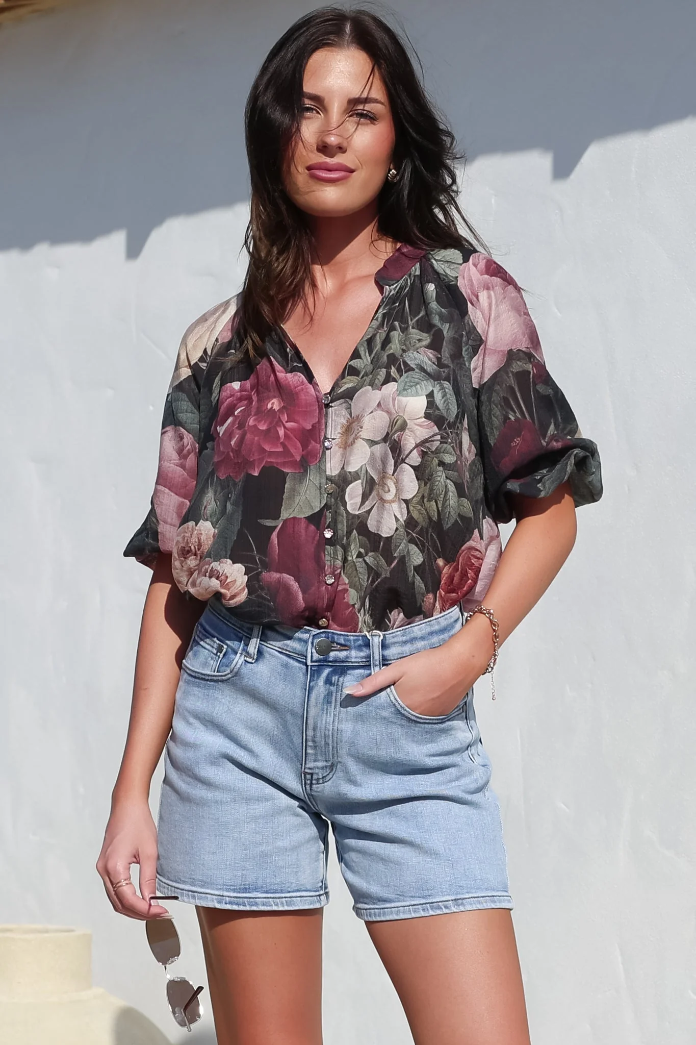 Cecilia Blouse - Mandarin Collar Button-Down with Half Balloon Sleeves in Annalisa Print - Image 10