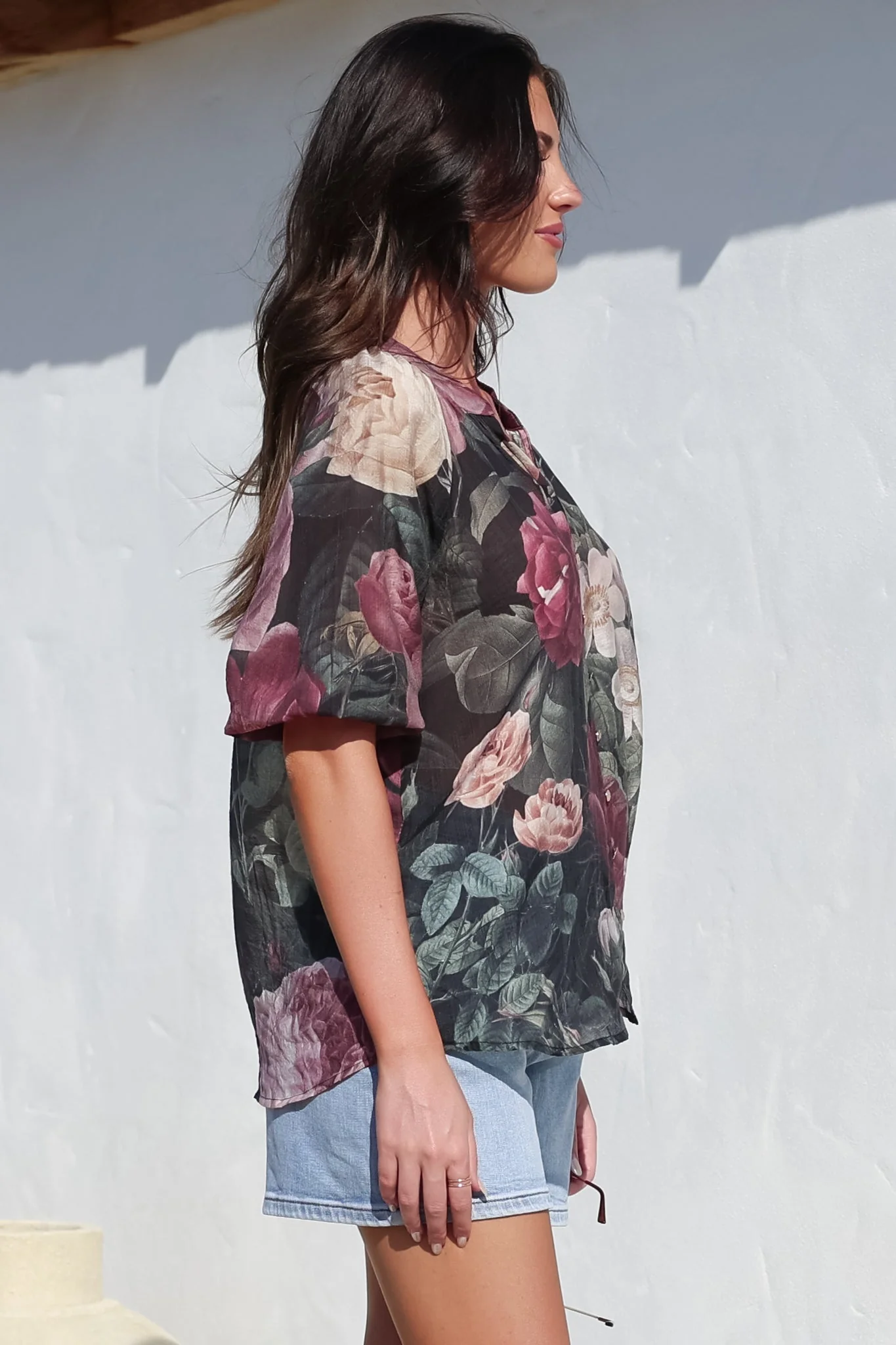 Cecilia Blouse - Mandarin Collar Button-Down with Half Balloon Sleeves in Annalisa Print - Image 12