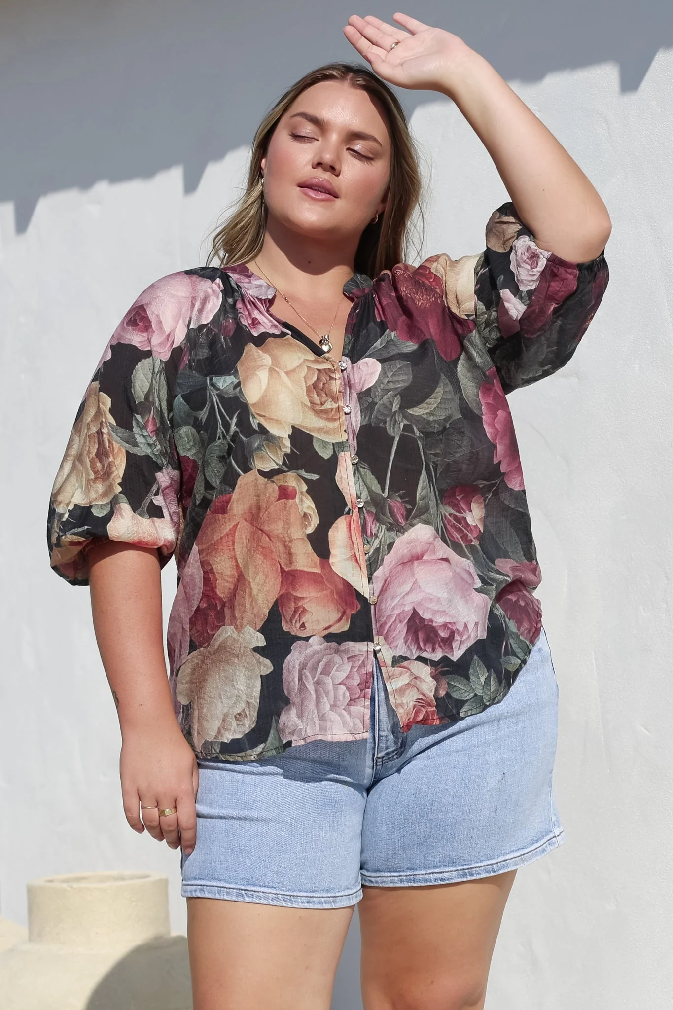 Cecilia Blouse - Mandarin Collar Button-Down with Half Balloon Sleeves in Annalisa Print - Image 4