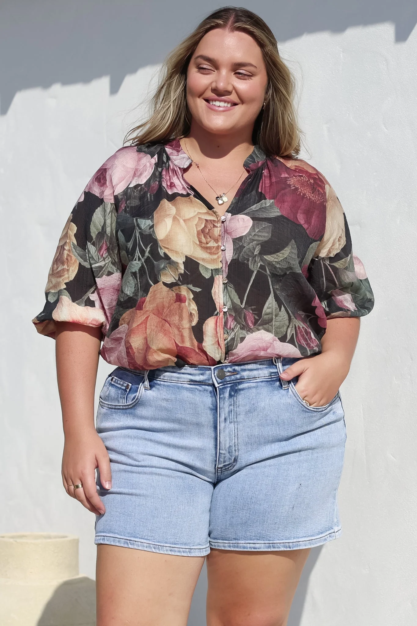 Cecilia Blouse - Mandarin Collar Button-Down with Half Balloon Sleeves in Annalisa Print - Image 6