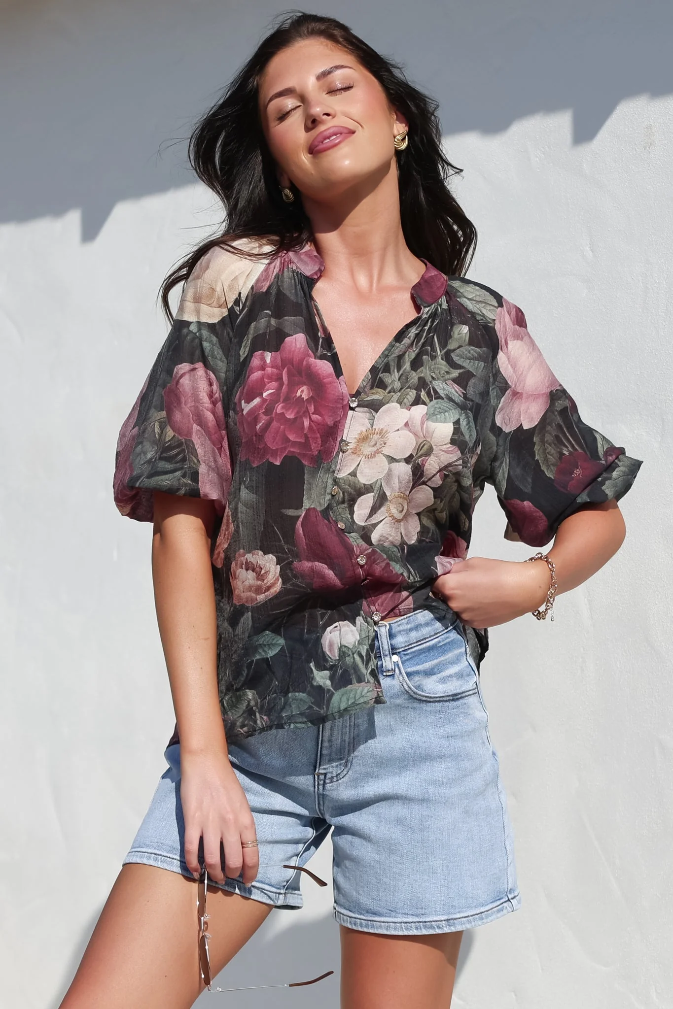 Cecilia Blouse - Mandarin Collar Button-Down with Half Balloon Sleeves in Annalisa Print - Image 7