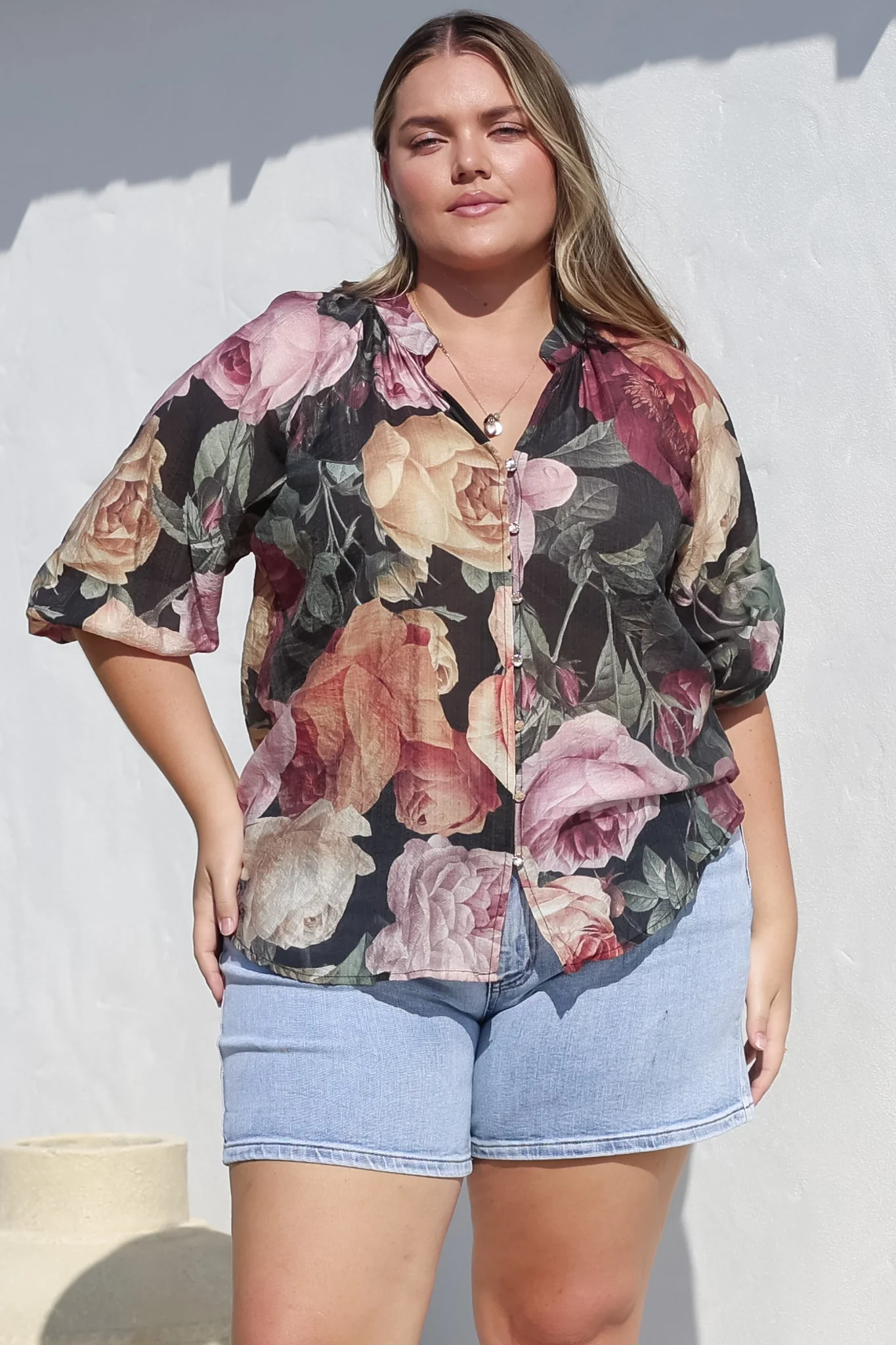 Cecilia Blouse - Mandarin Collar Button-Down with Half Balloon Sleeves in Annalisa Print - Image 8