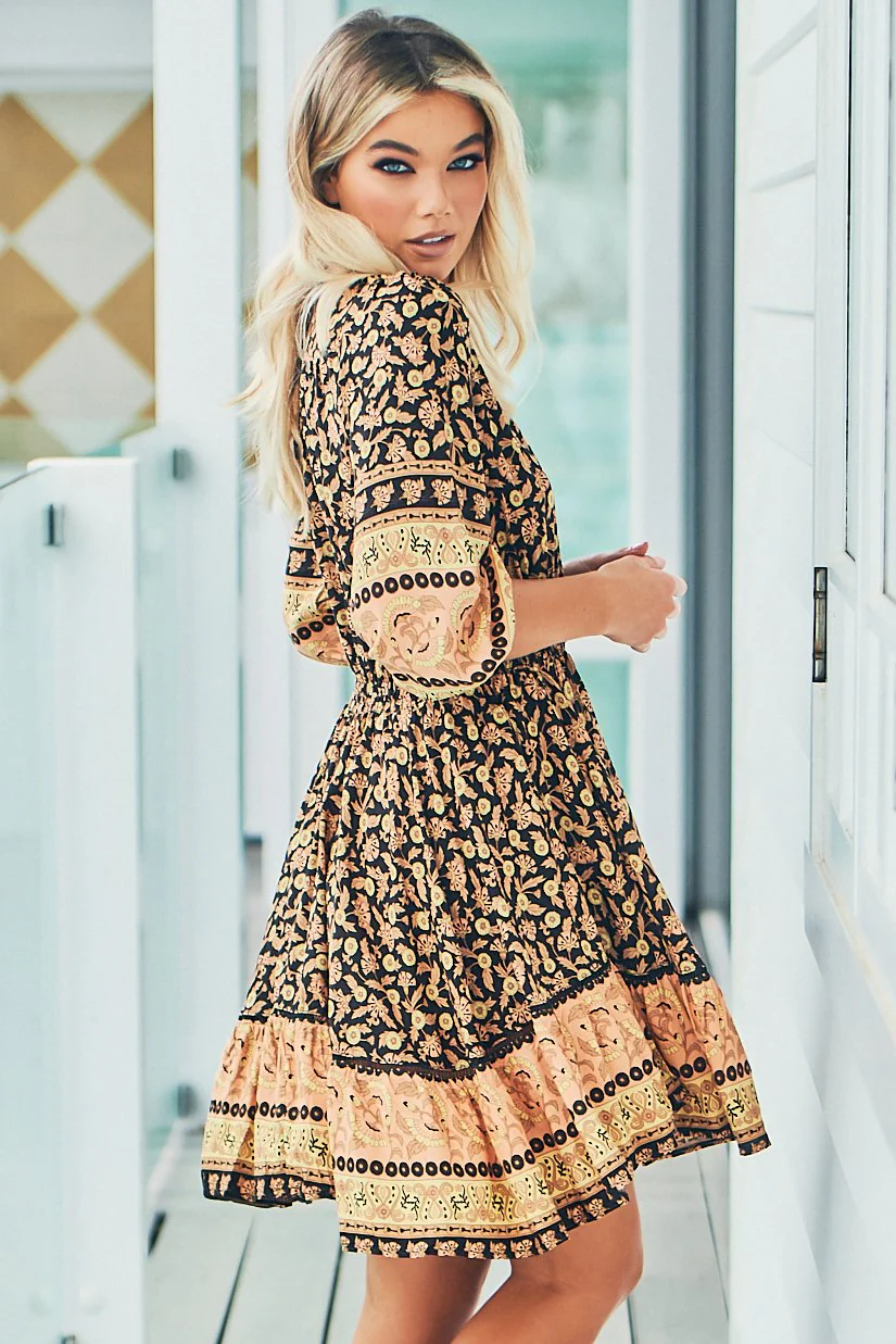 JAASE - Celine Mini Dress: V Neck Elasticated Waist Circle Hemline Dress in Queen of the Night Print - Image 4