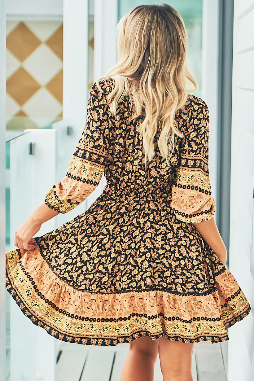 JAASE - Celine Mini Dress: V Neck Elasticated Waist Circle Hemline Dress in Queen of the Night Print - Image 5