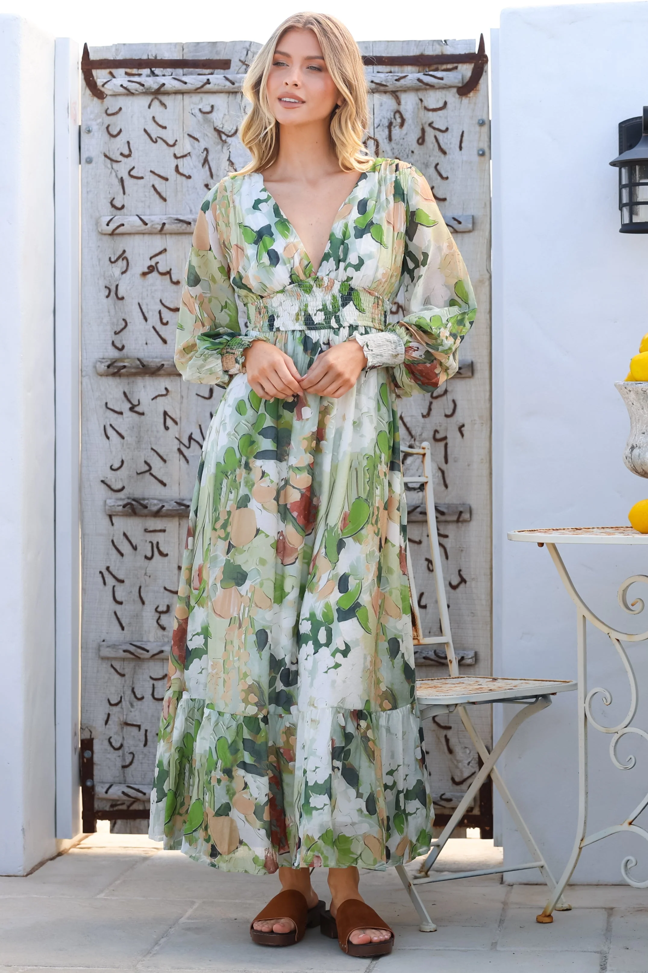 Celita Maxi Dress - Deep V Neck Dress with Flowing Balloon Sleeves in Kamara Print Green - Image 2