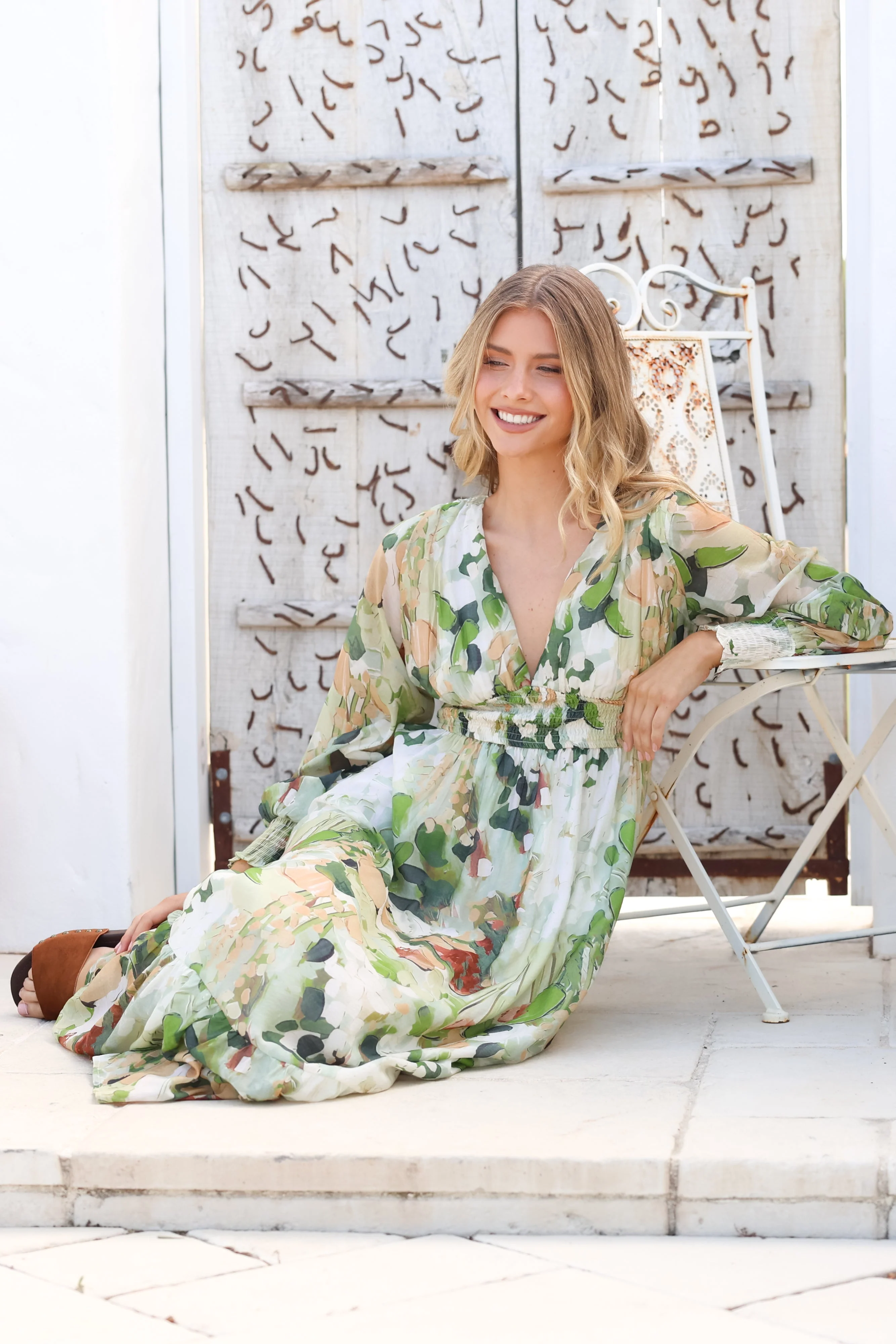 Celita Maxi Dress - Deep V Neck Dress with Flowing Balloon Sleeves in Kamara Print Green - Image 7