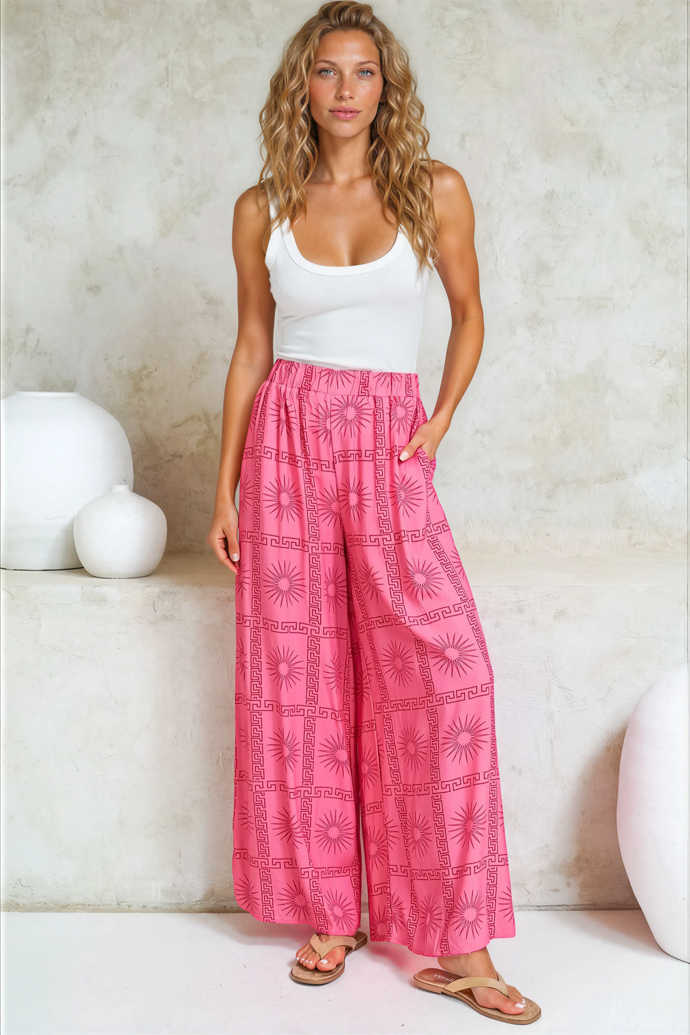 Channing Pants - High Waisted Wide-Leg Pants with Pockets in Astra Print Pink - Image 11