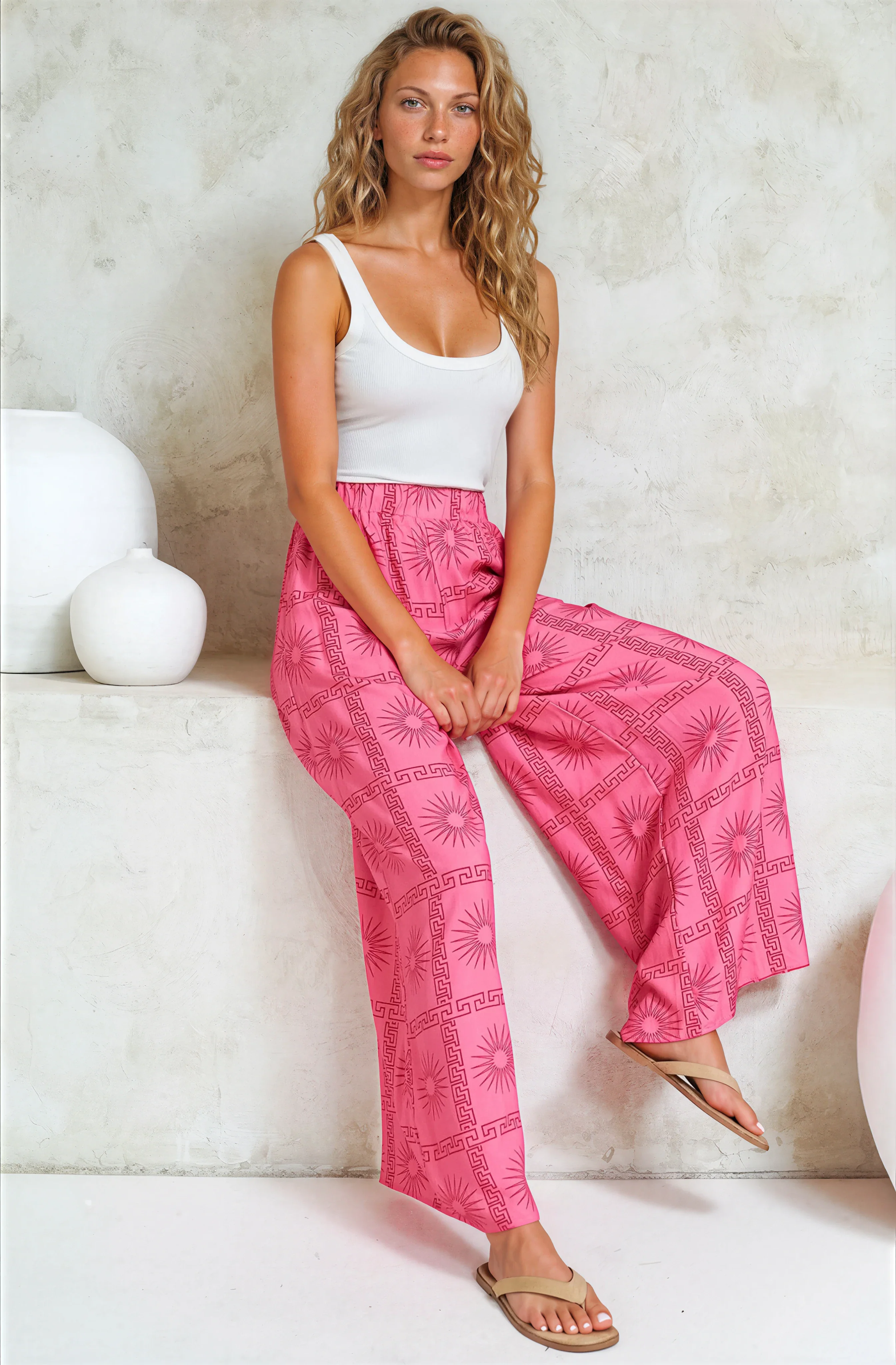 Channing Pants - High Waisted Wide-Leg Pants with Pockets in Astra Print Pink - Image 13