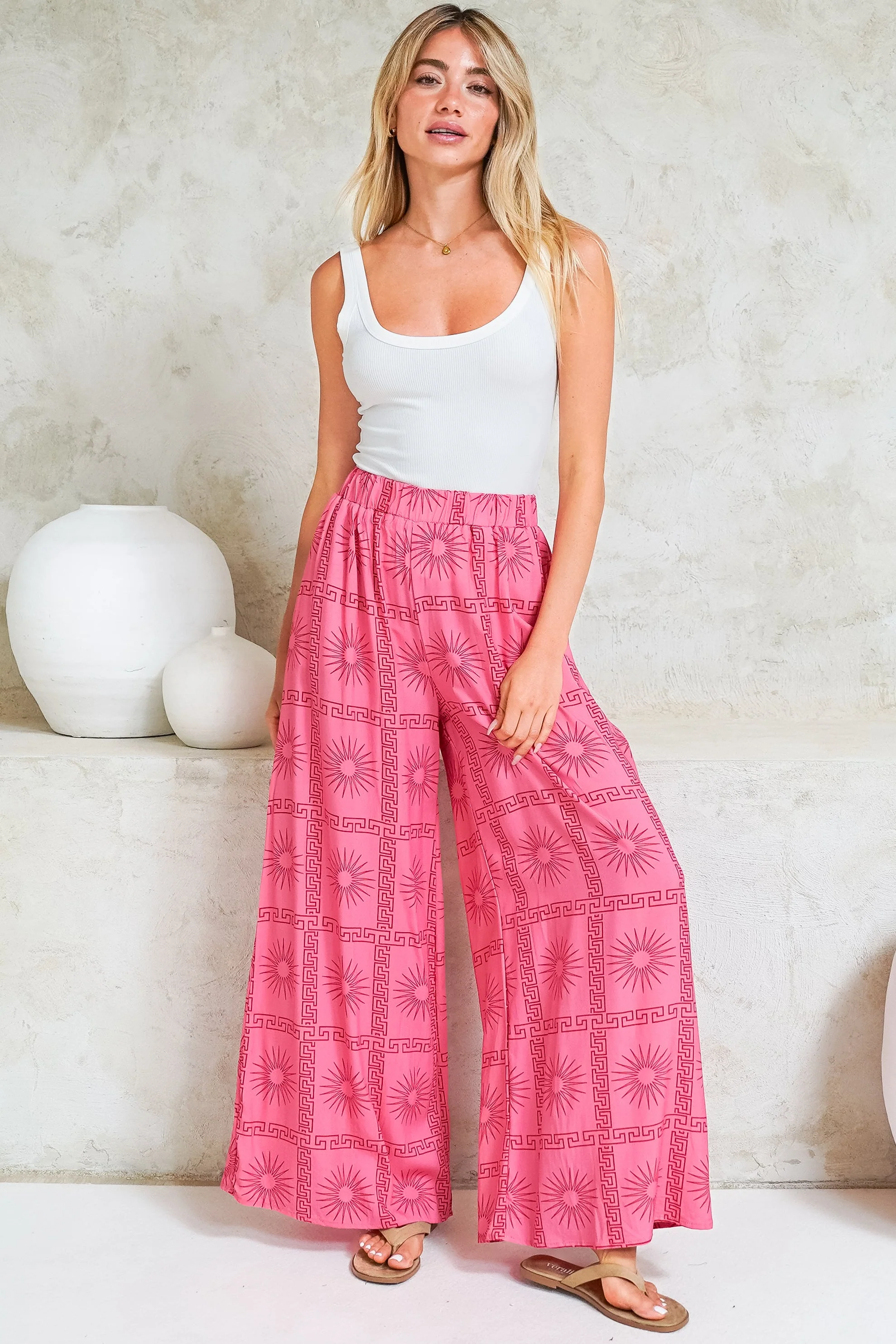 Channing Pants - High Waisted Wide-Leg Pants with Pockets in Astra Print Pink - Image 2