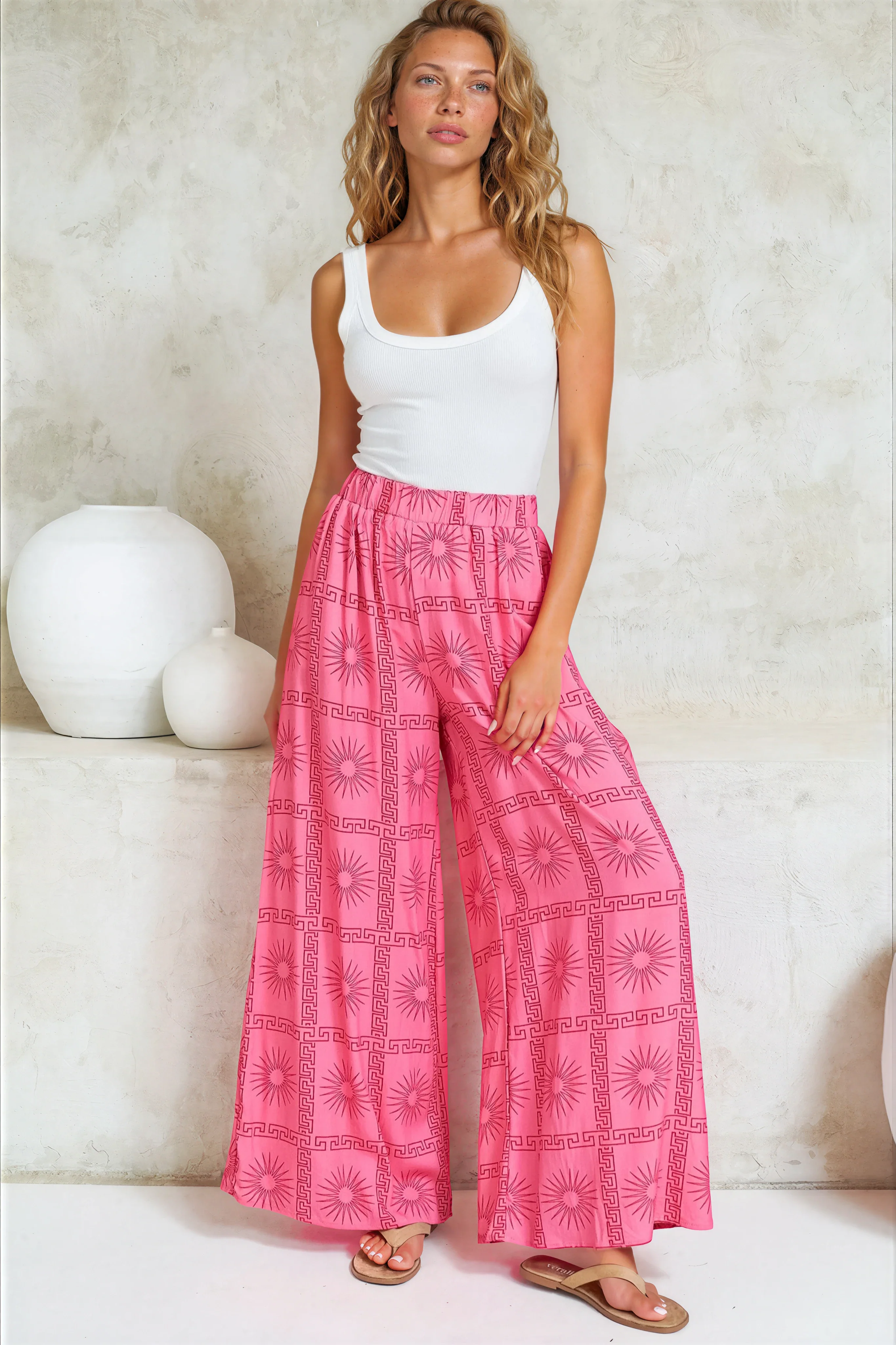 Channing Pants - High Waisted Wide-Leg Pants with Pockets in Astra Print Pink - Image 4