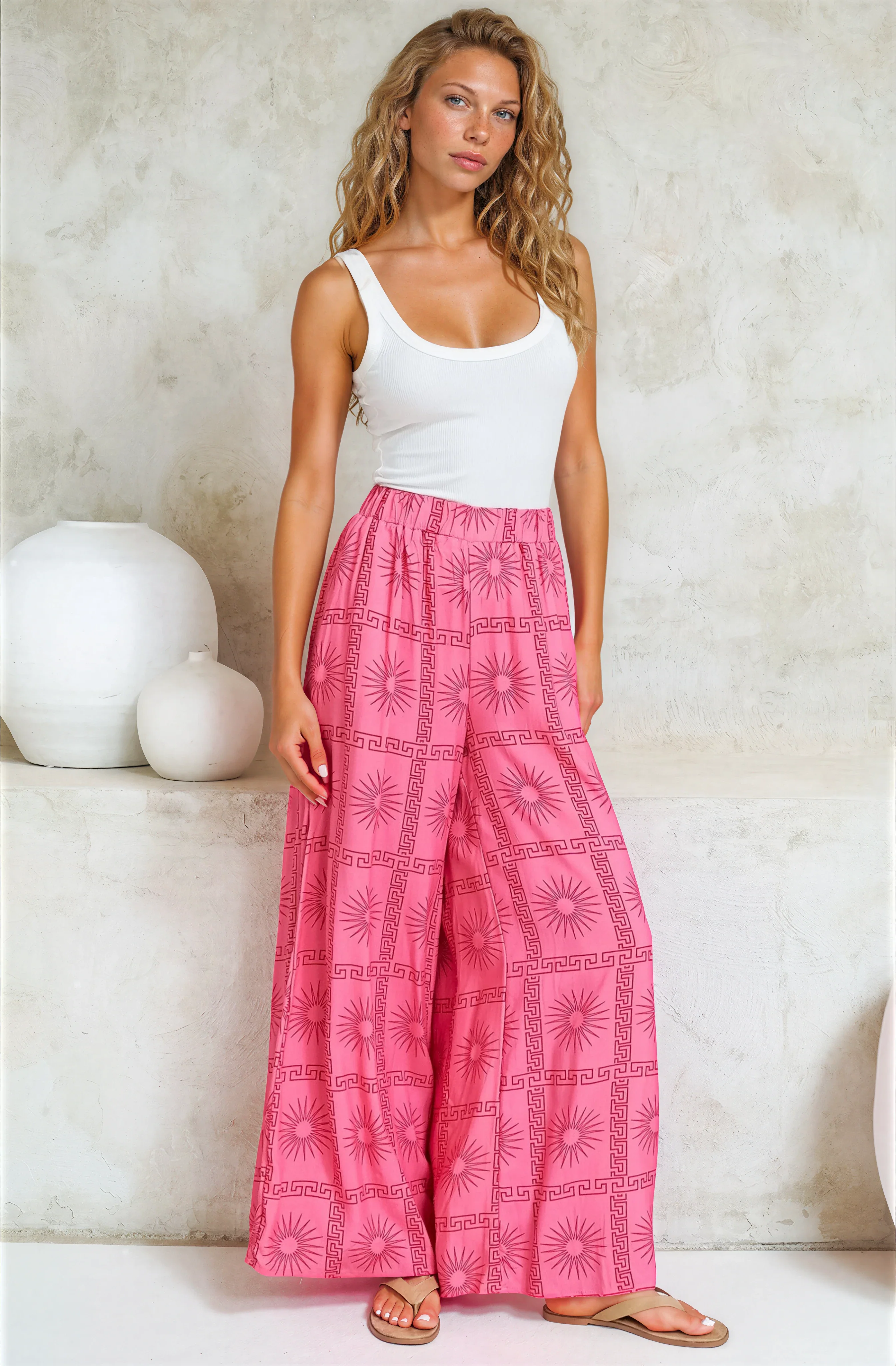 Channing Pants - High Waisted Wide-Leg Pants with Pockets in Astra Print Pink - Image 6