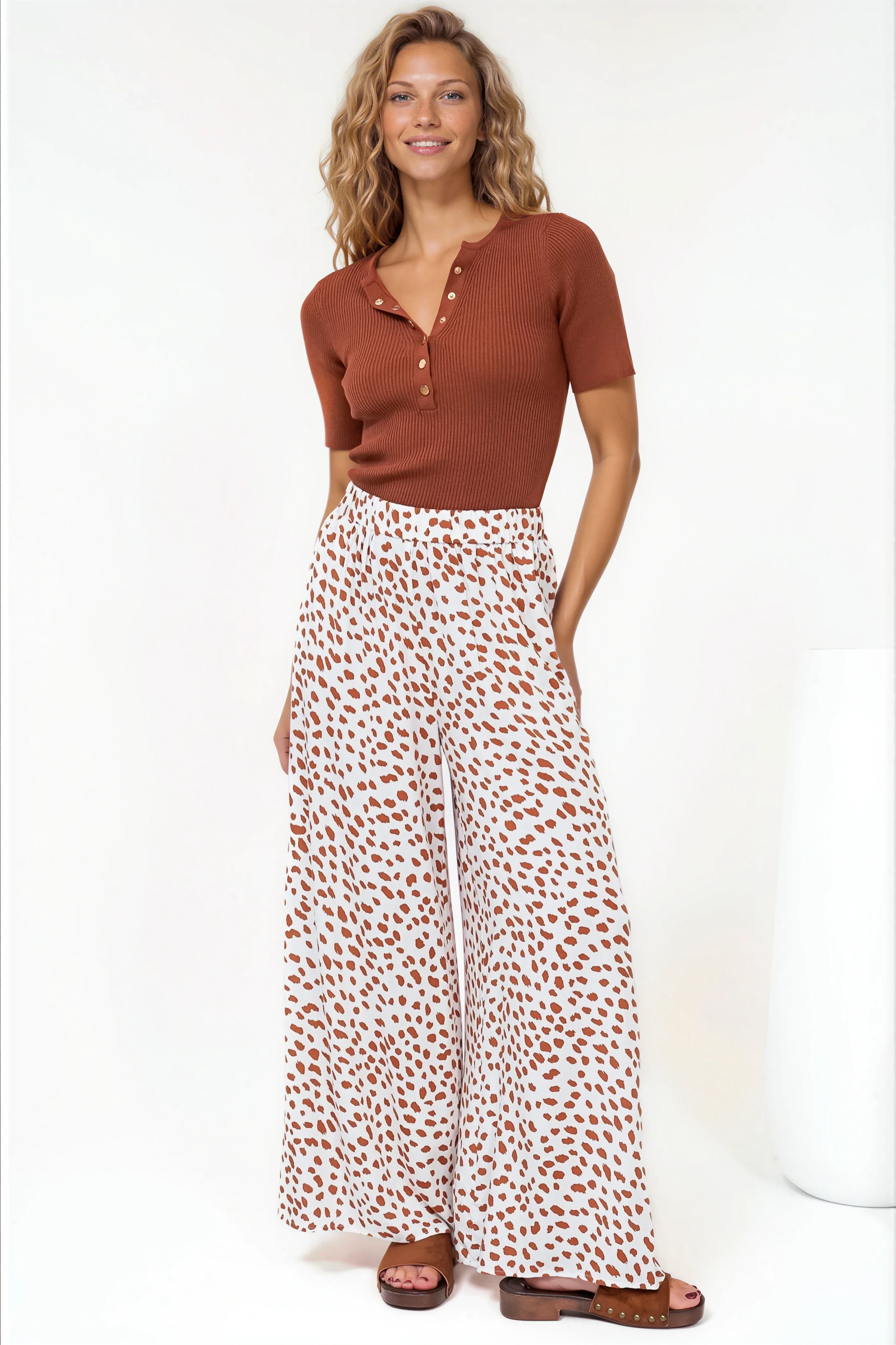 Channing Pants - High Waisted Wide-Leg Pants with Pockets in Dasher Print Brown