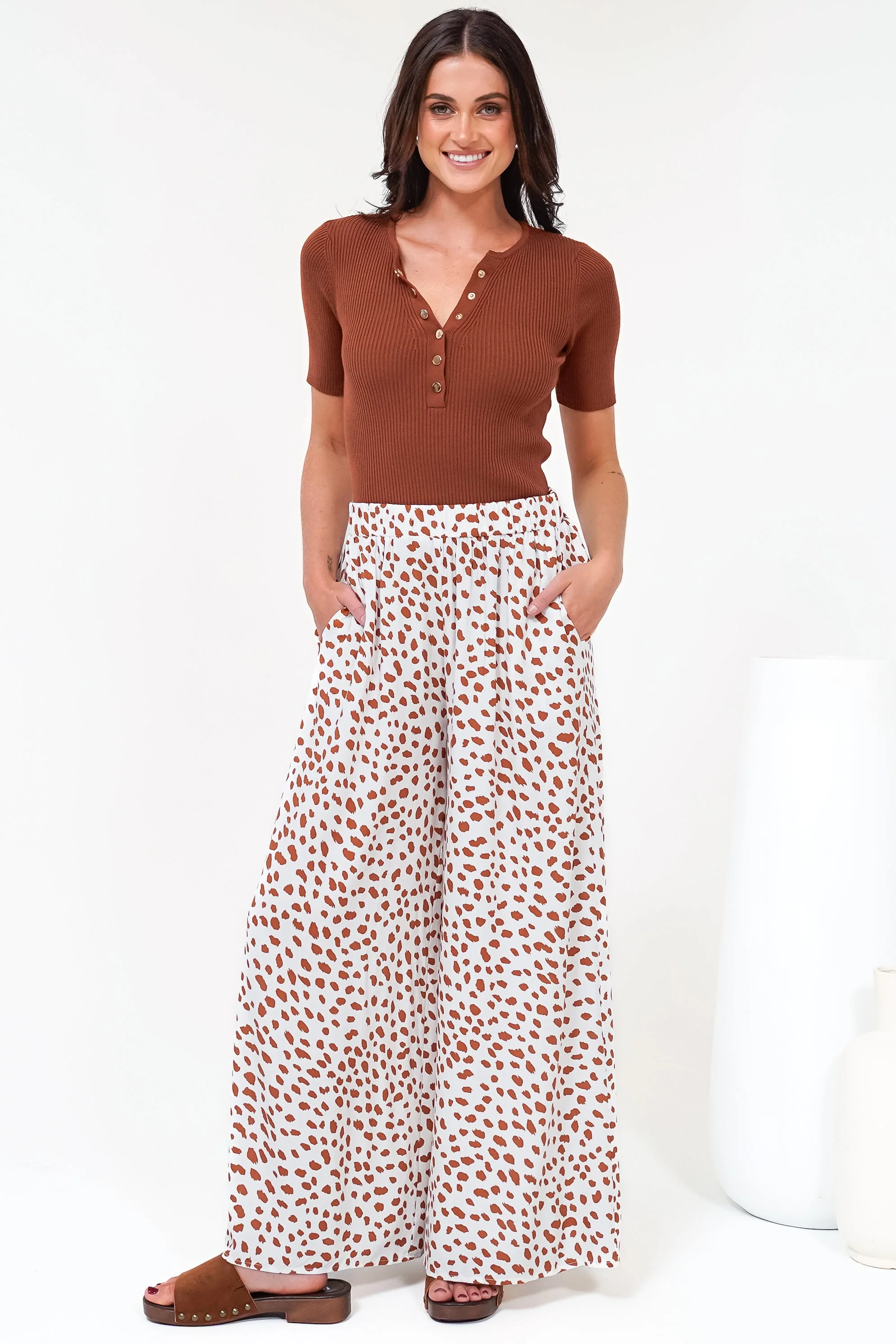 Channing Pants - High Waisted Wide-Leg Pants with Pockets in Dasher Print Brown - Image 11
