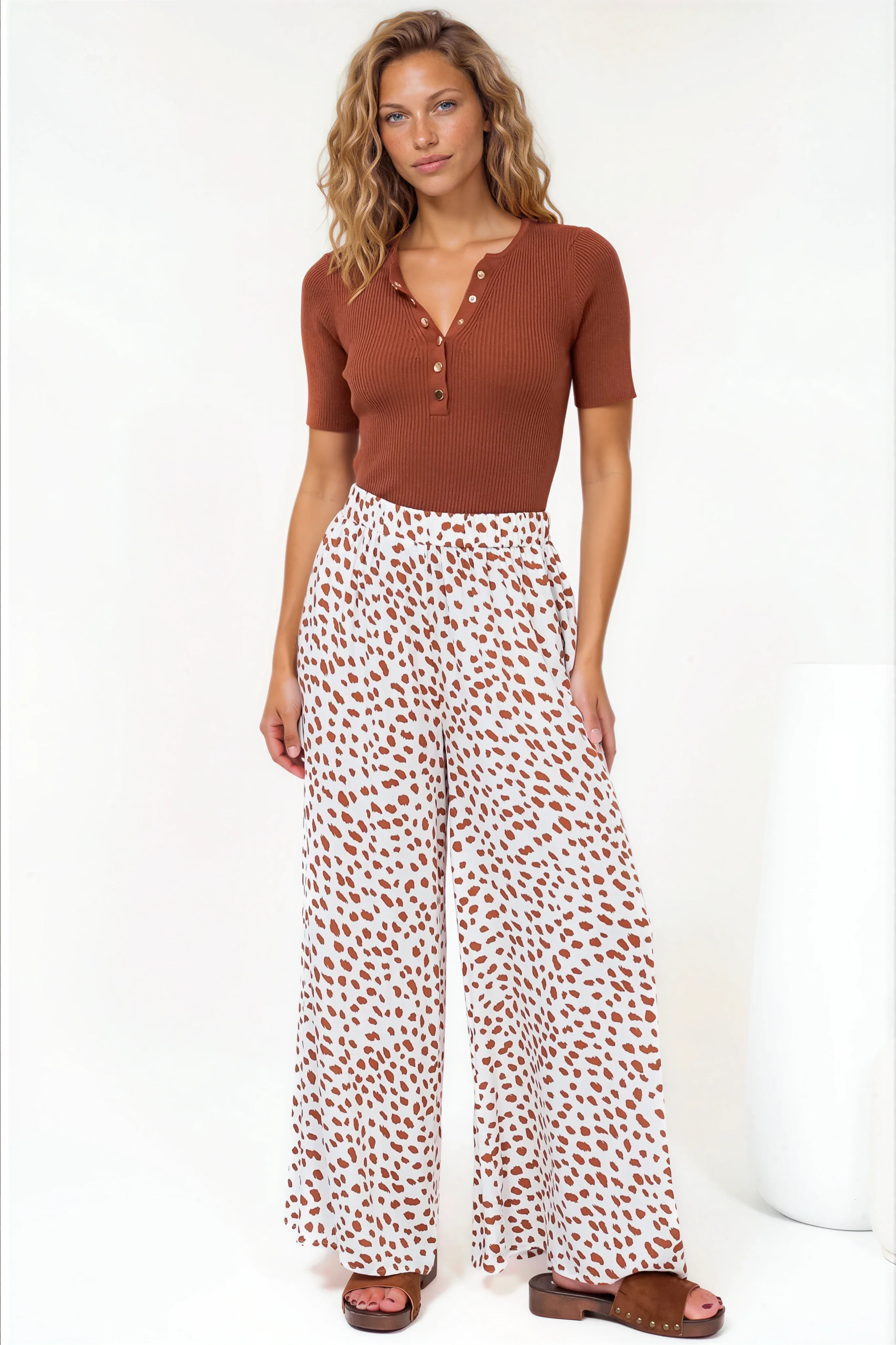 Channing Pants - High Waisted Wide-Leg Pants with Pockets in Dasher Print Brown - Image 5