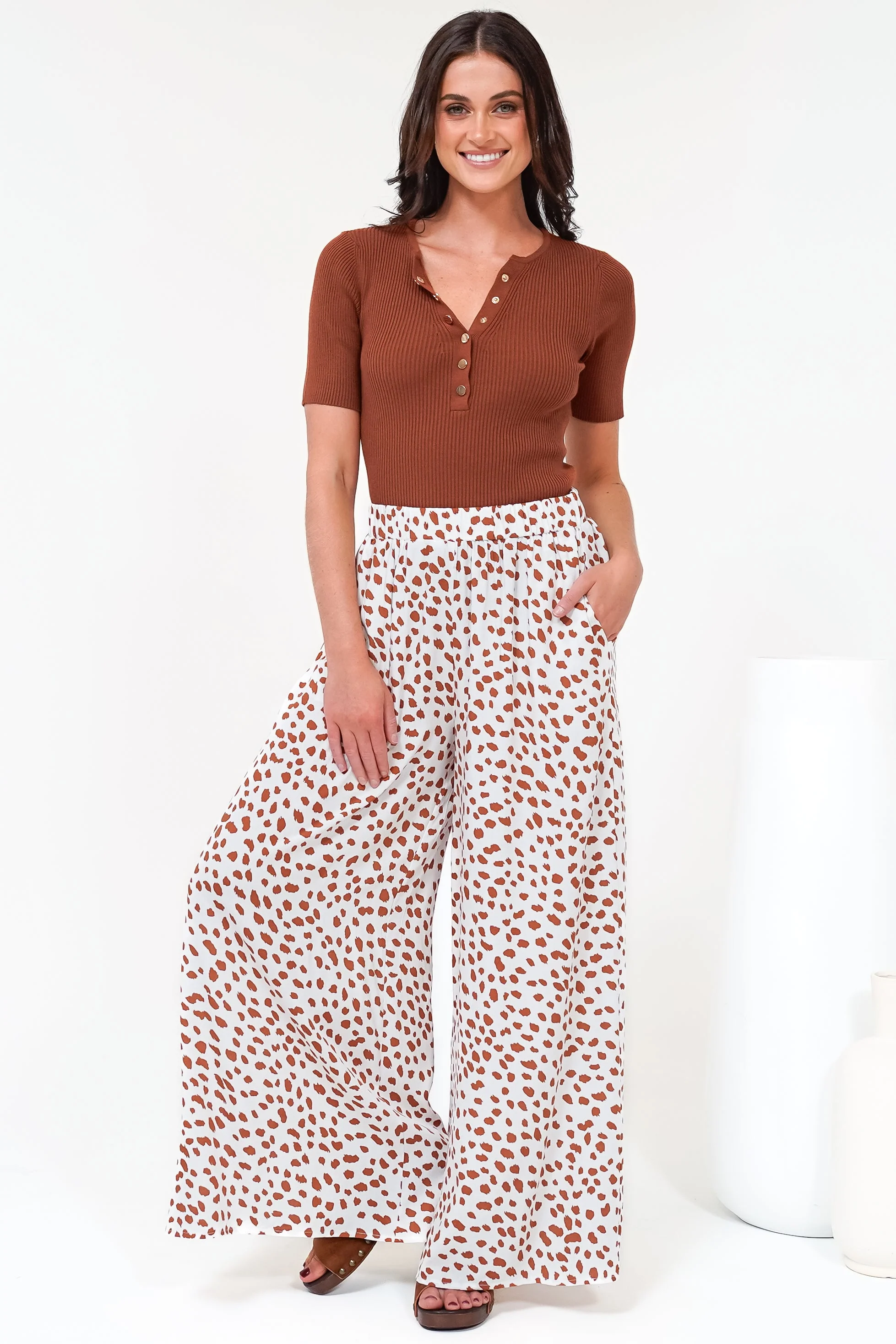 Channing Pants - High Waisted Wide-Leg Pants with Pockets in Dasher Print Brown - Image 6