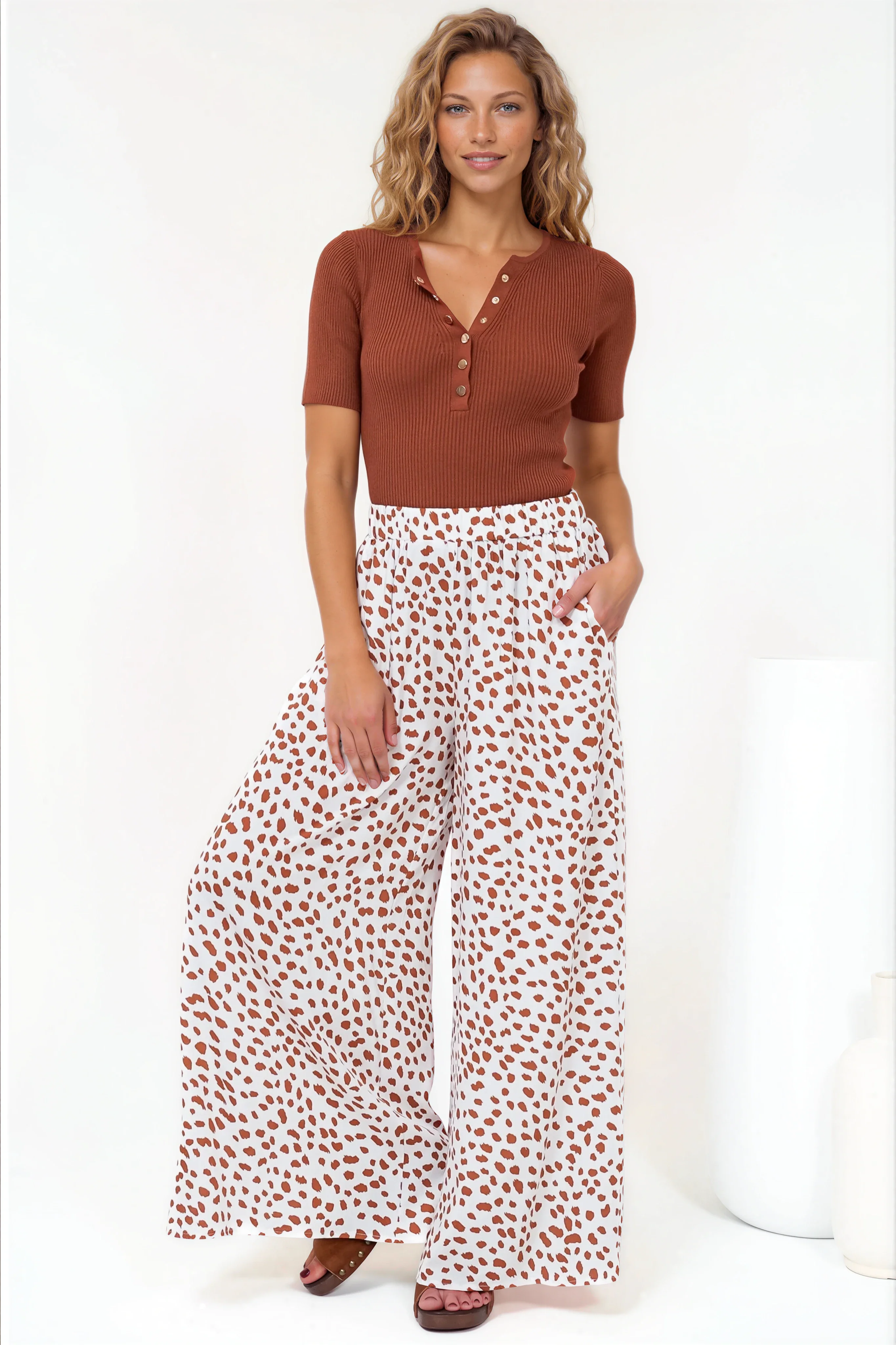 Channing Pants - High Waisted Wide-Leg Pants with Pockets in Dasher Print Brown - Image 8