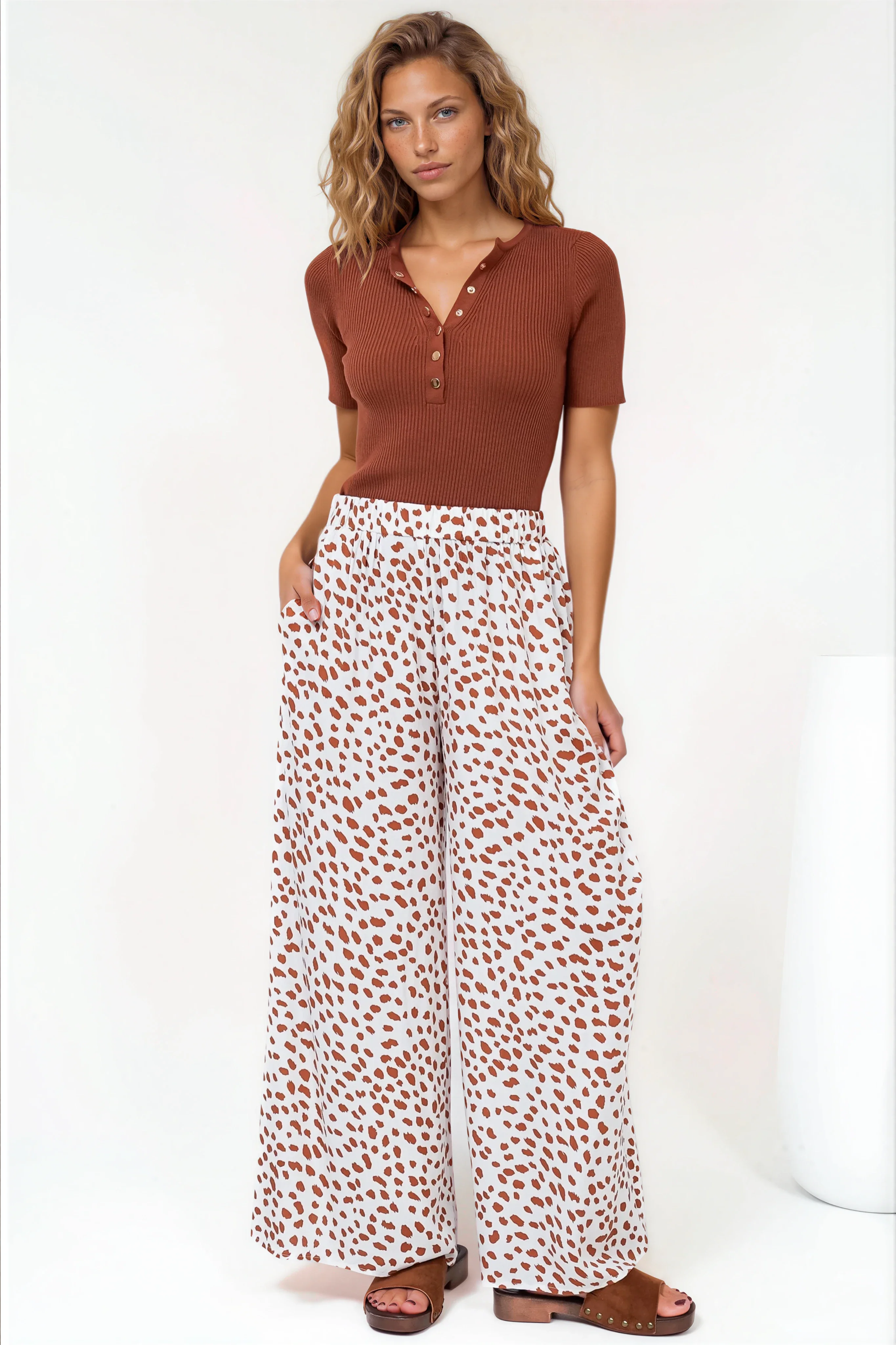 Channing Pants - High Waisted Wide-Leg Pants with Pockets in Dasher Print Brown - Image 9