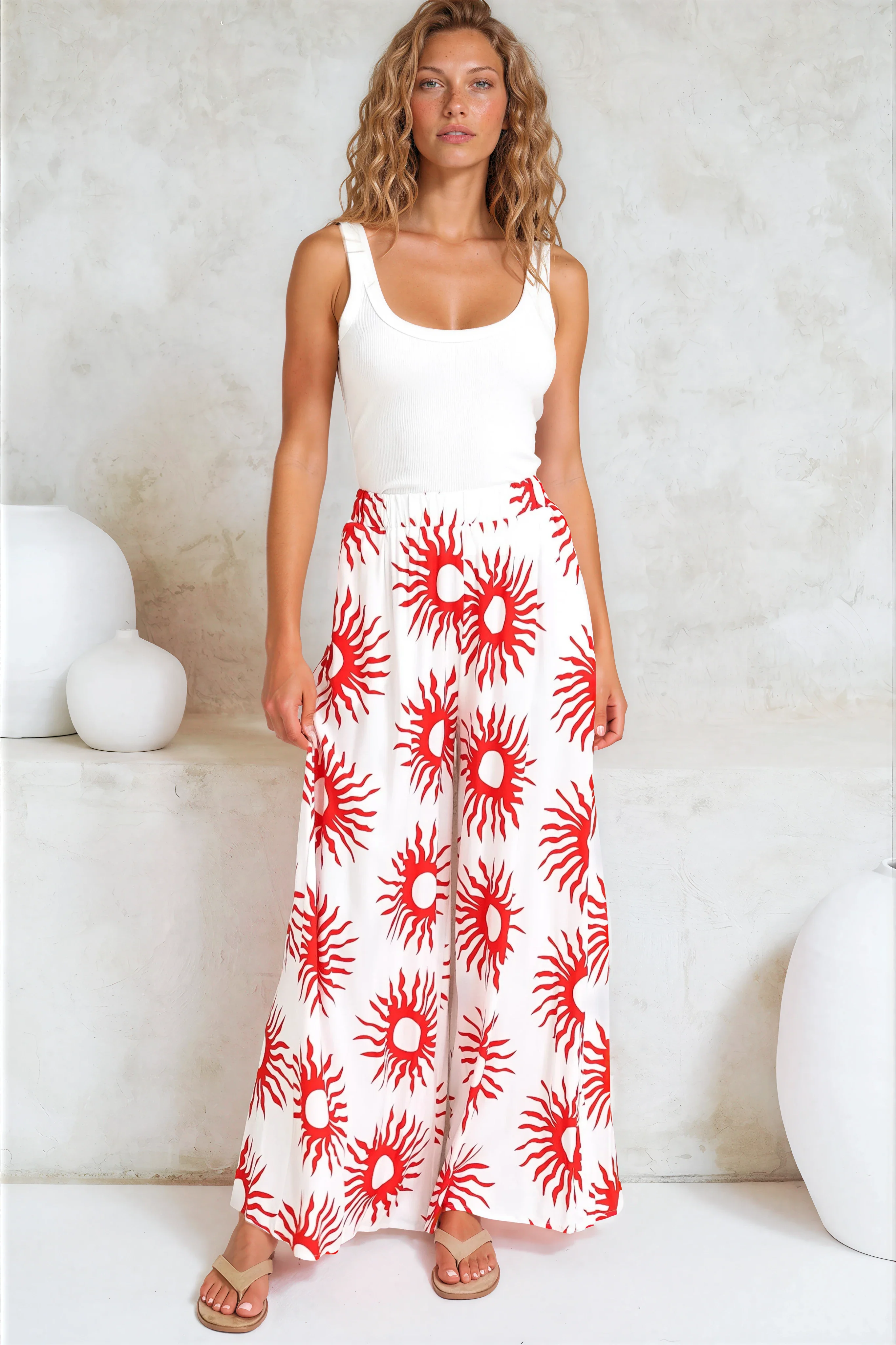 Channing Pants - High Waisted Wide-Leg Pants with Pockets in Solar Print Red